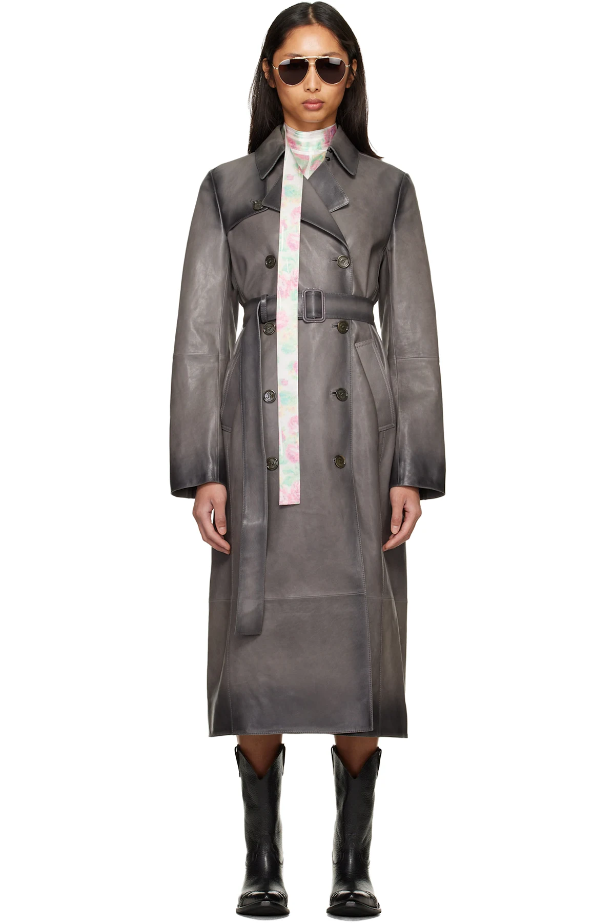 Gray Ombré Leather Trench Coat