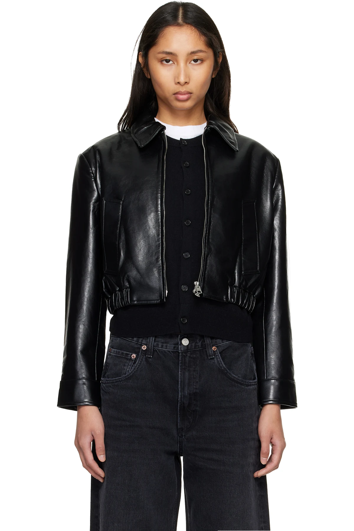 Black Nahla Cropped Recycled Leather Jacket