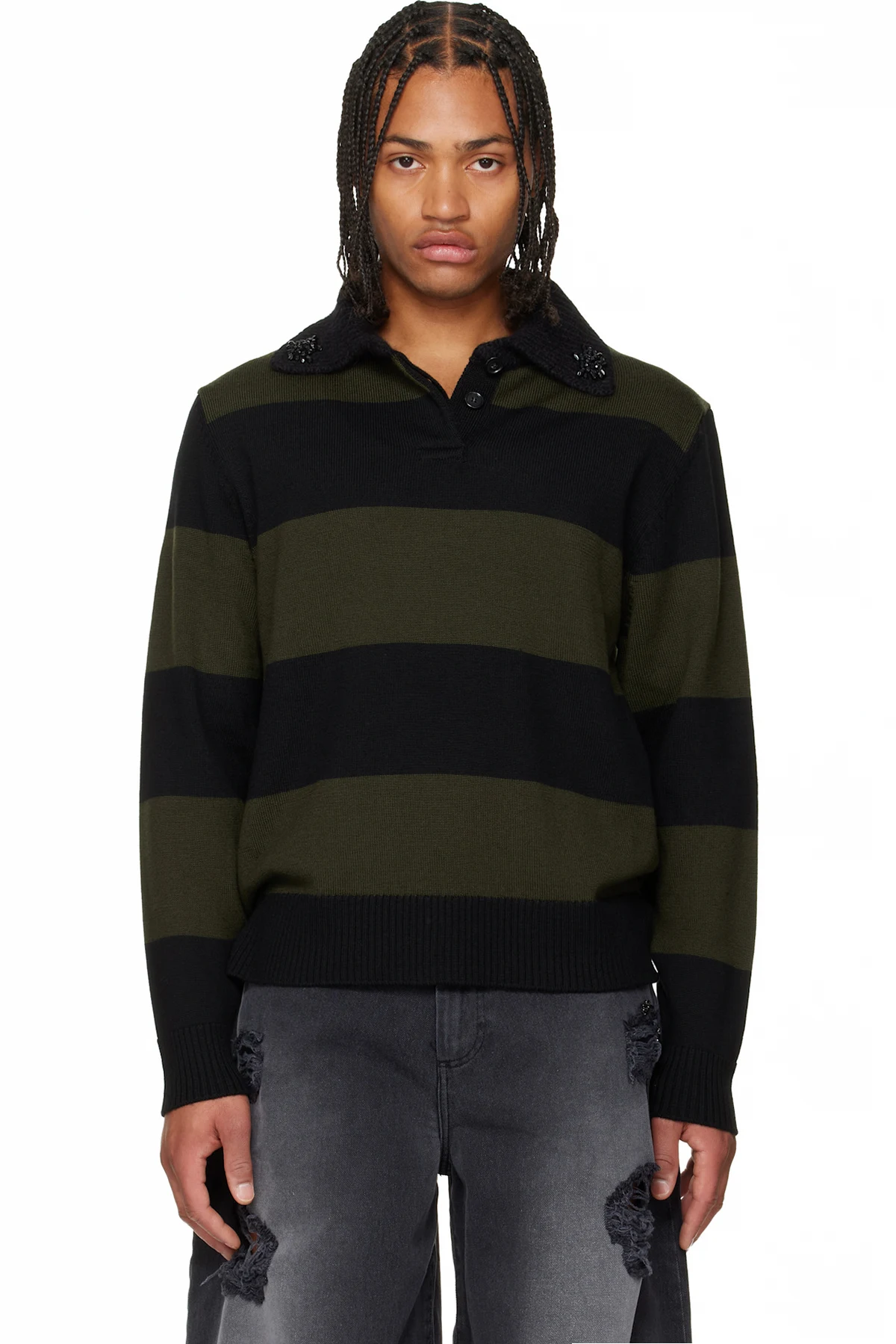 Khaki & Black Embellished Fuzzy Collar Rugby Polo