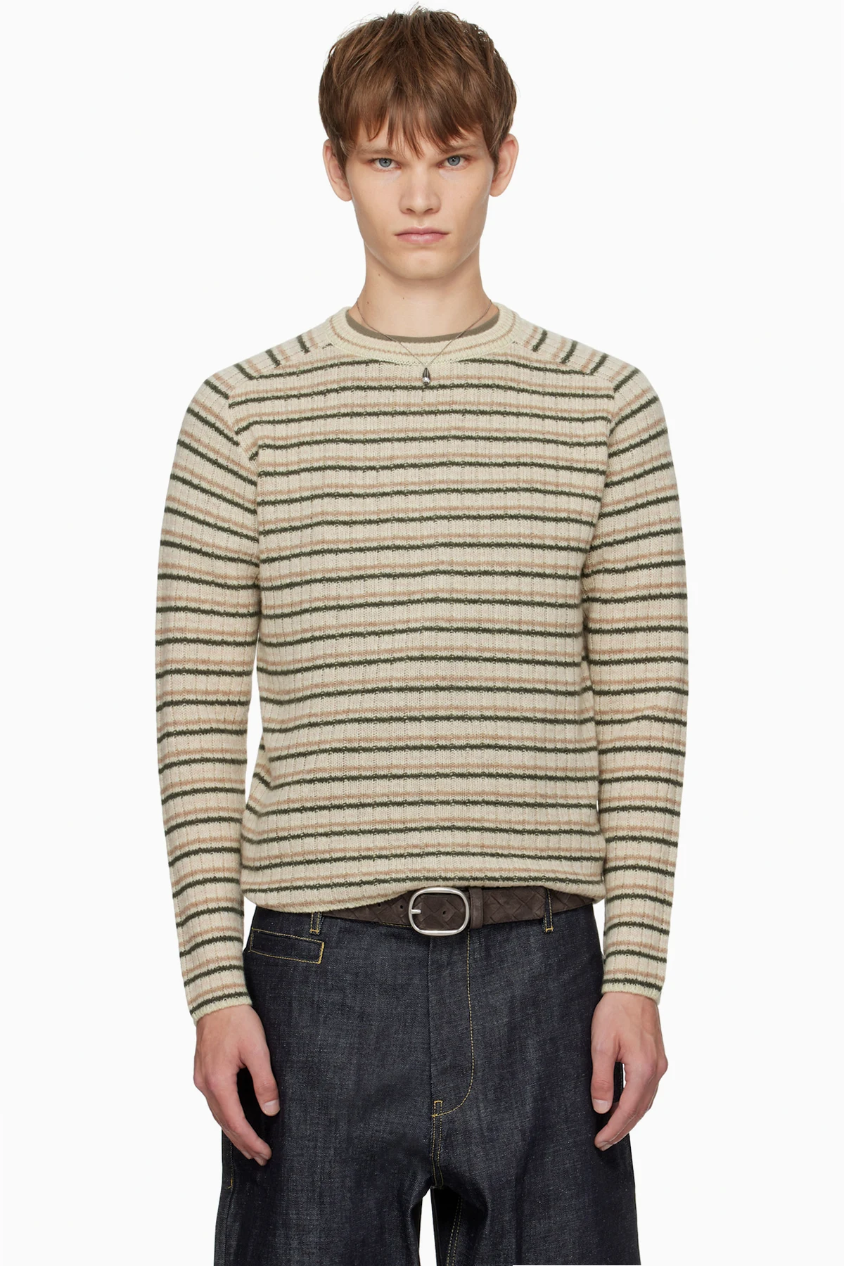 Beige Shetland Wool Cashmere Rib Knit Sweater