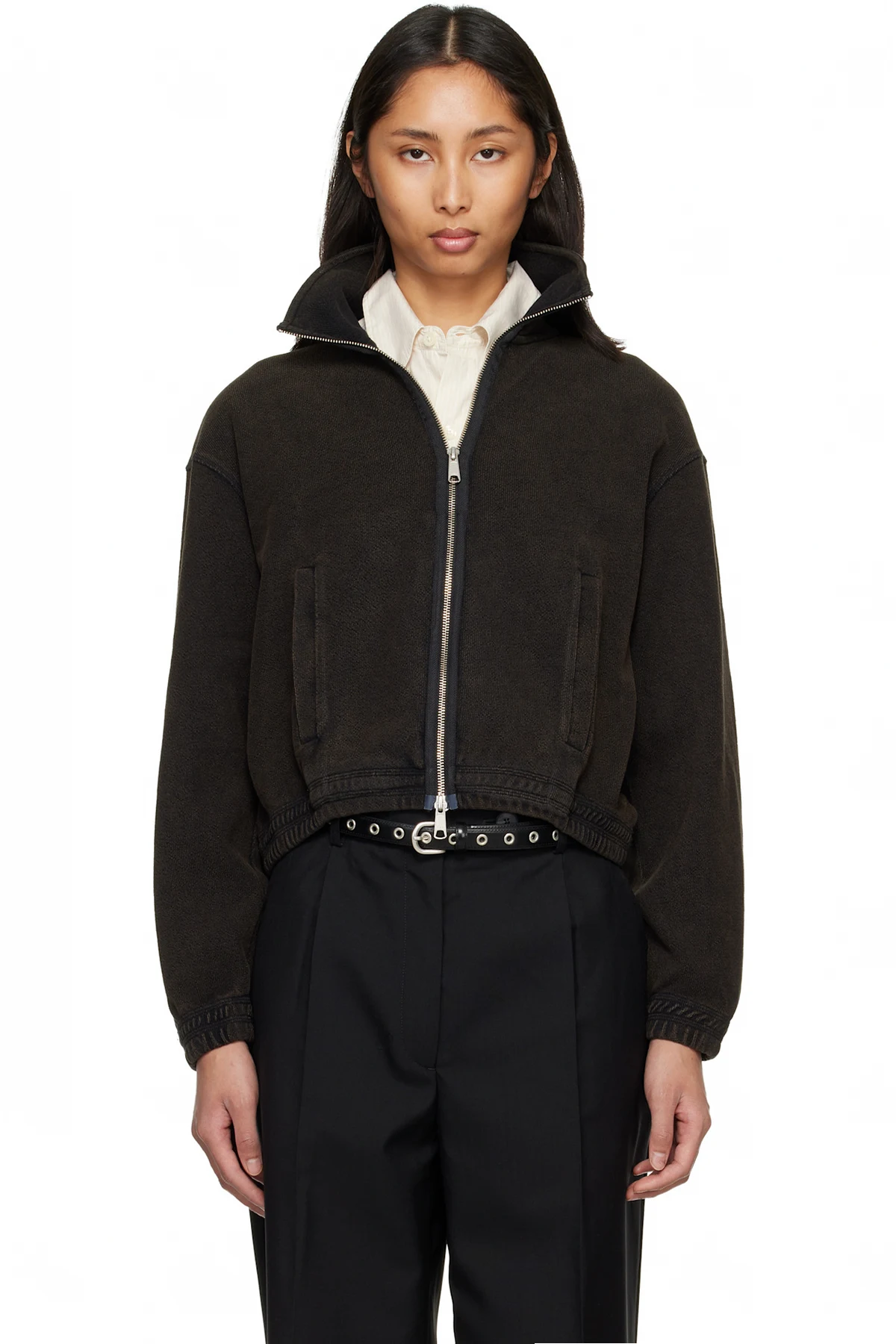 Black Cropped Leisure Zip Up Sweater
