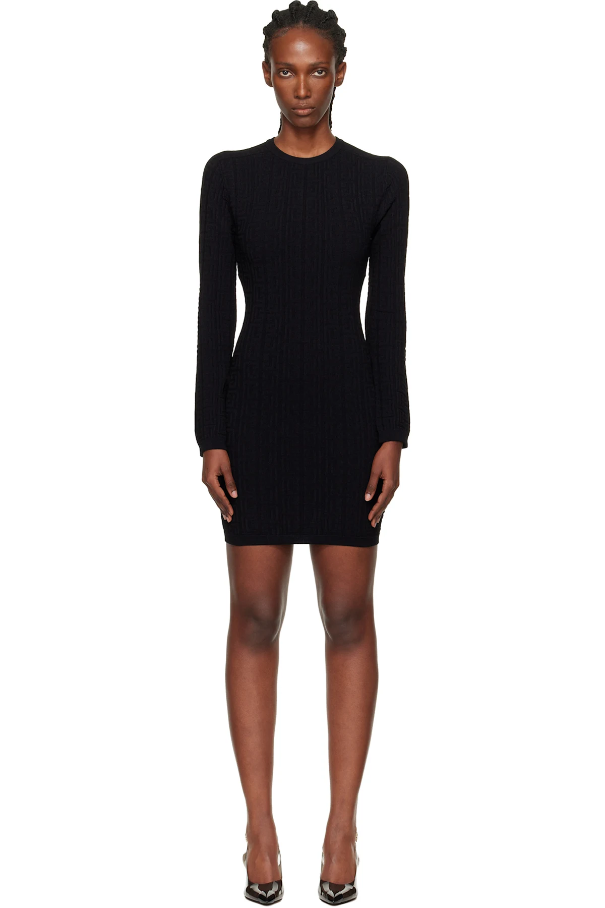 Black Long Sleeve Monogram Knit Minidress