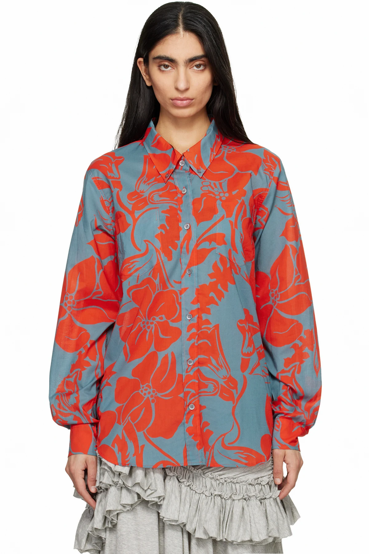 Gray & Orange Voile Floral Print Shirt