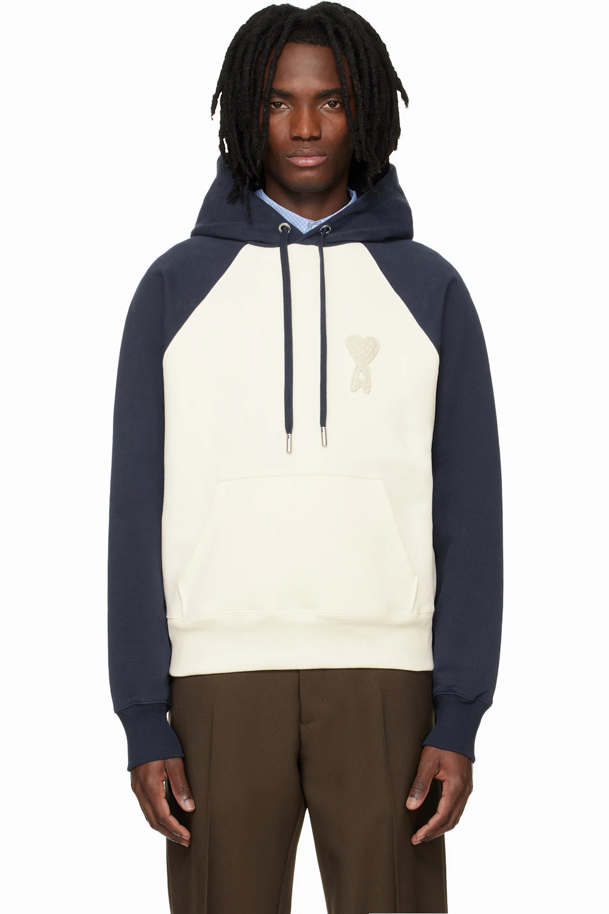 Off-White & Blue Cotton Knitted Ami de Coeur Hoodie