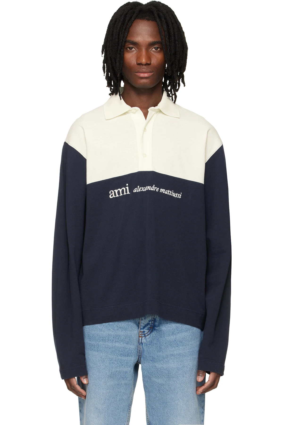 Off White & Navy Embroidery Boxy Fit Polo