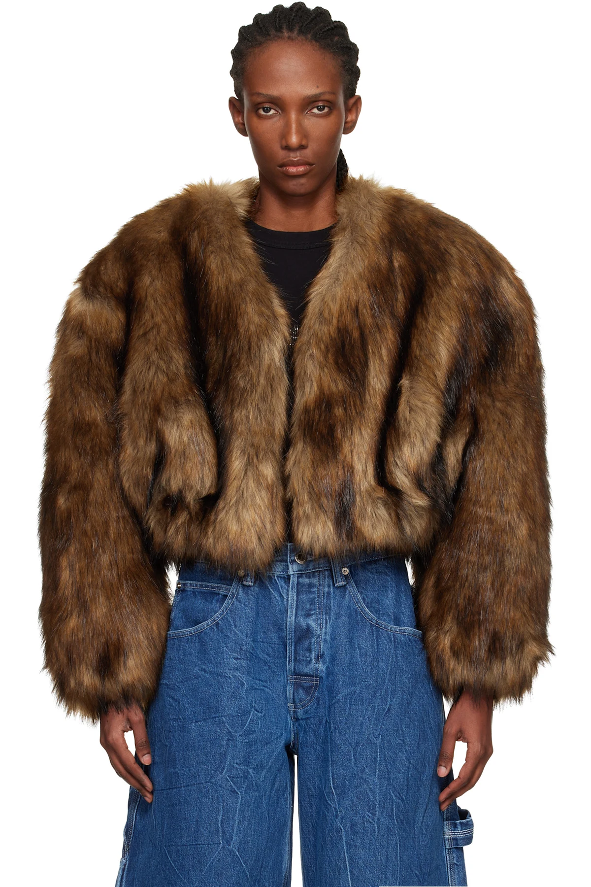 Brown Cropped Faux-Fur Jacket