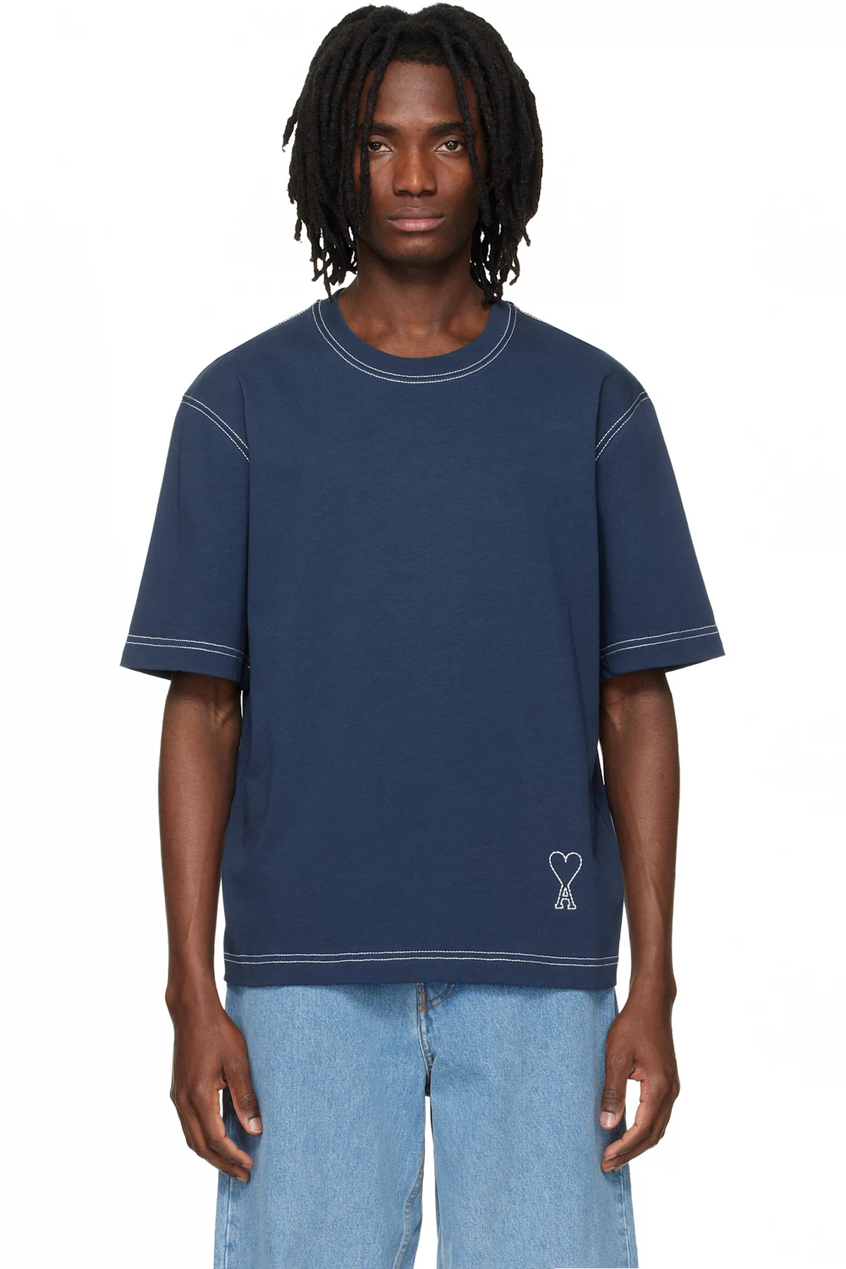 Blue Boxy Fit Topstitched Ami de Coeur T-shirt