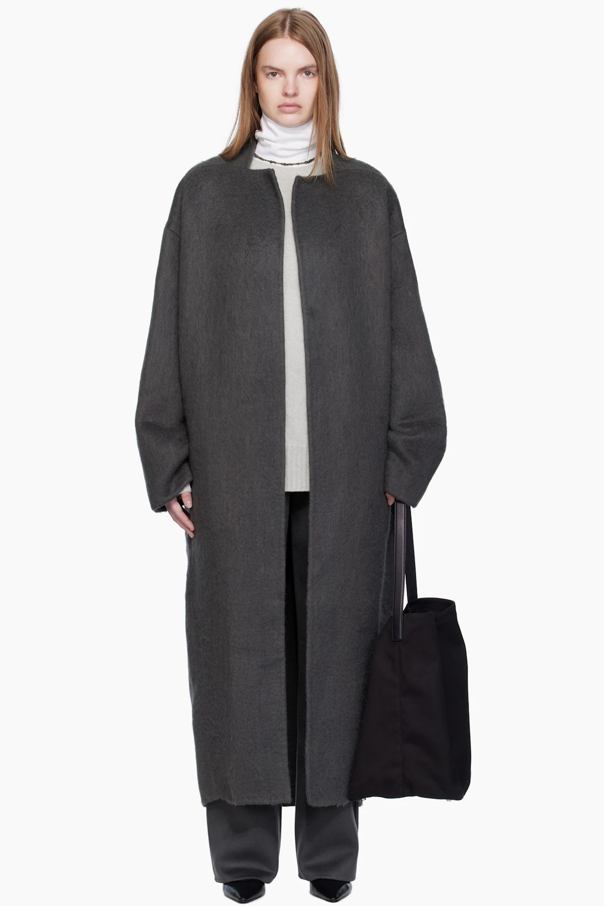 Gray Wool High-Neck Slim Coat