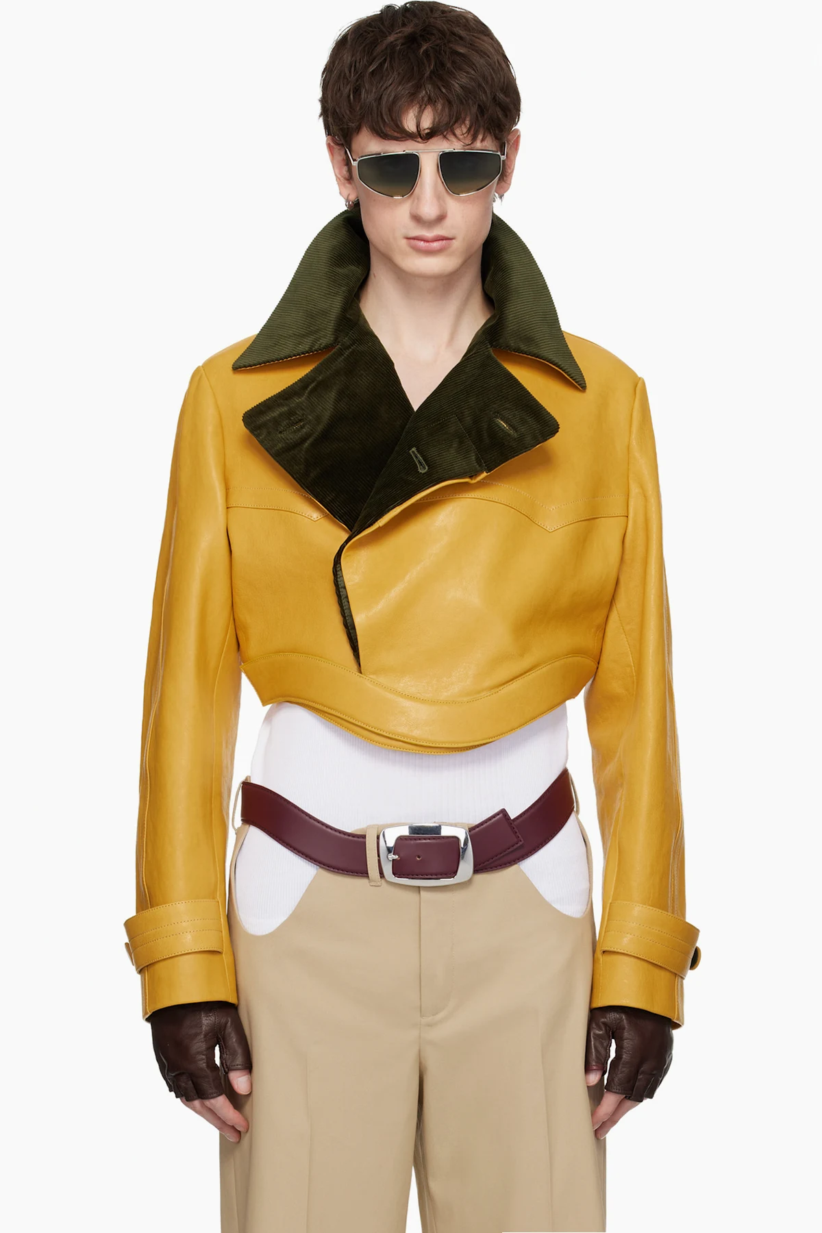 Yellow Curved Waistband Leather Jacket