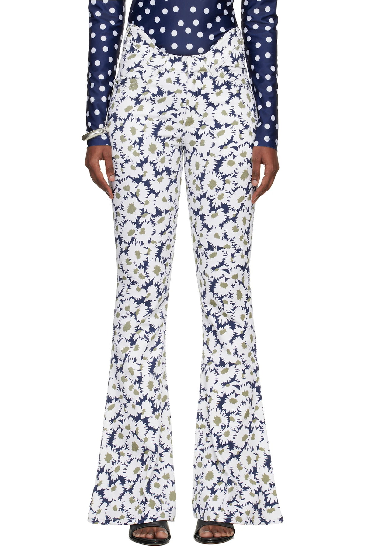 White & Navy 'The Curved Flower' Jeans