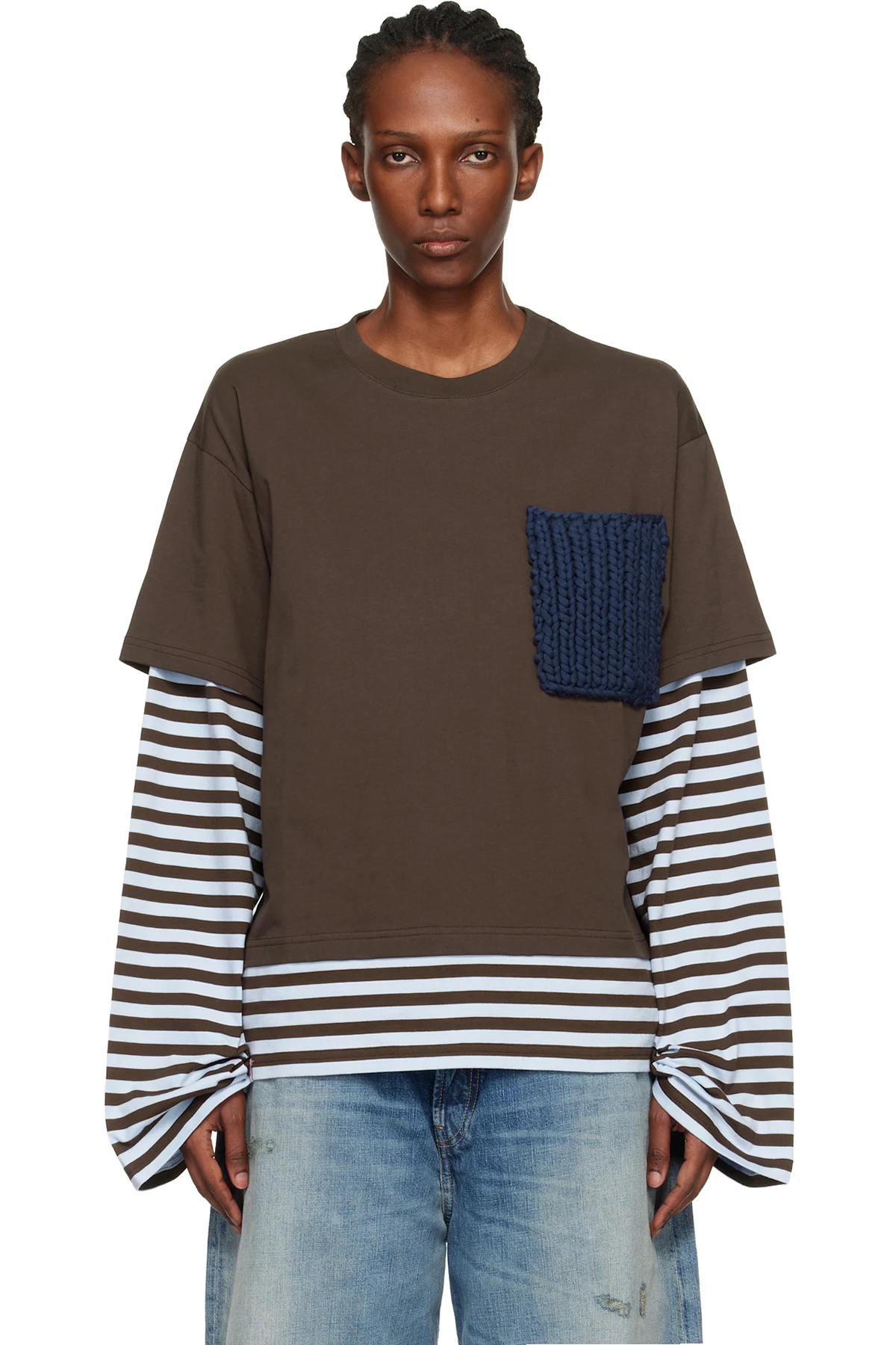 Brown & Blue Long Sleeve Knit Patch 2-In-1 T-shirt