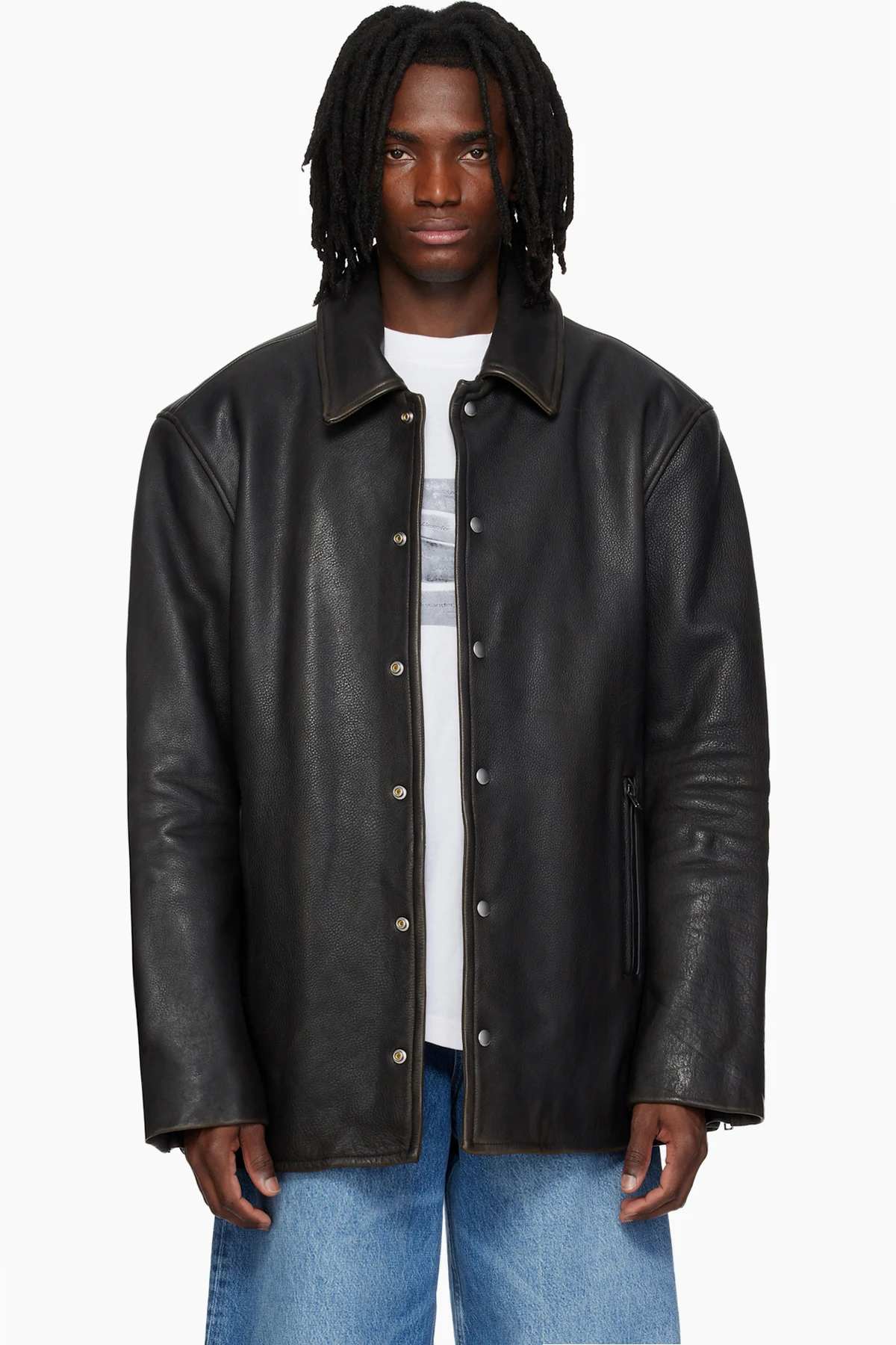 Black Snap Front Leather Jacket