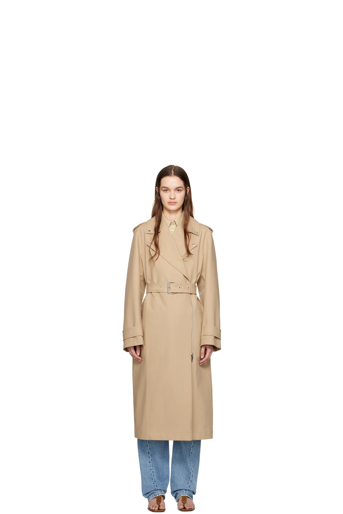 Beige Notched Lapel Trench Coat