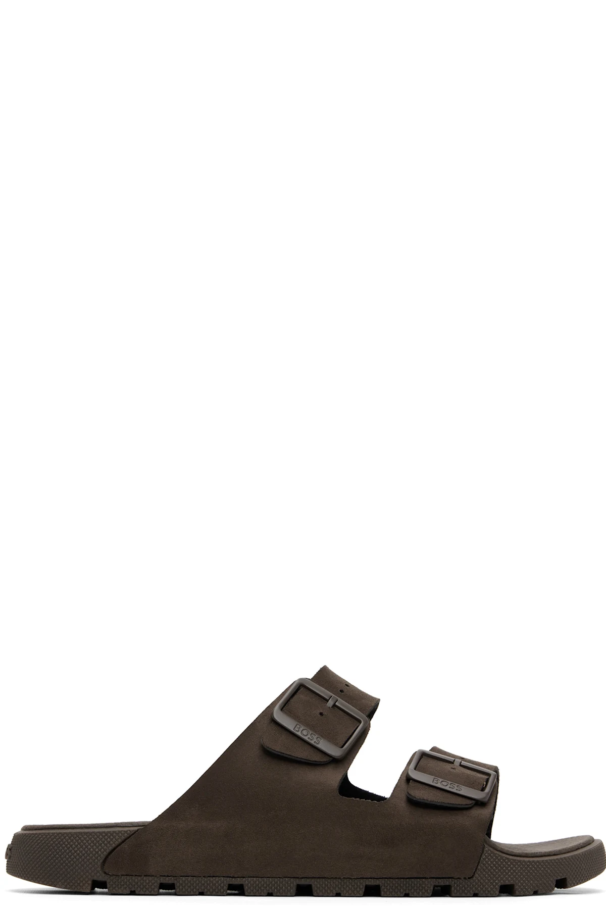 Brown Twin-Strap Branded Buckle Slides