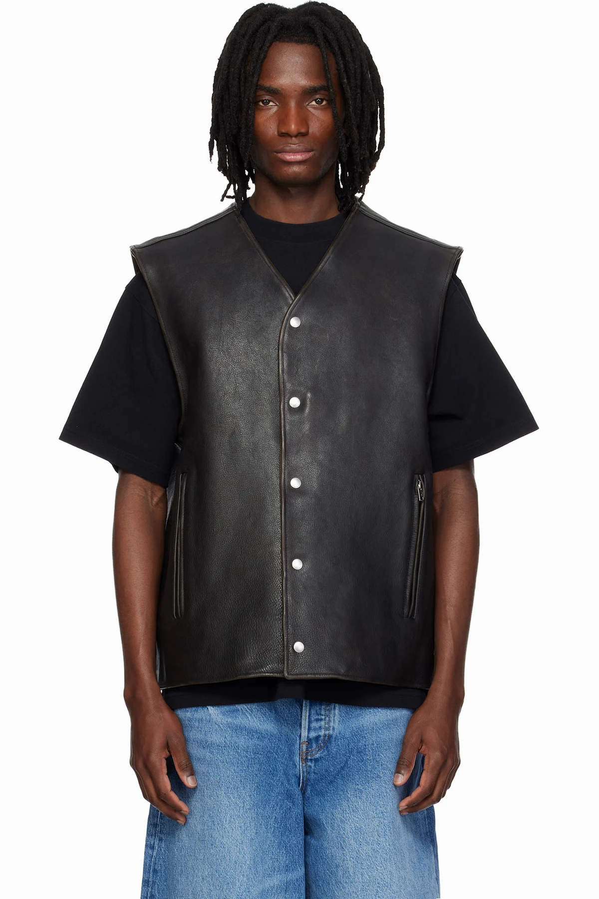 Black Boxy Moto Leather Vest