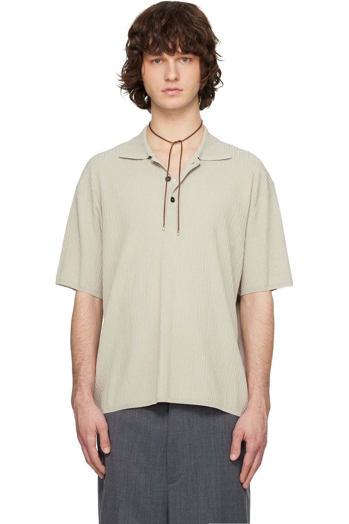 Beige Crease Short Sleeve Collared Knit Polo