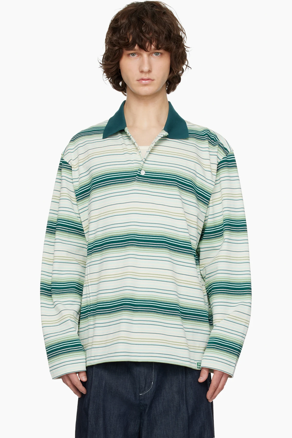Green Striped Drawstring Collar Neck Long Sleeve Polo