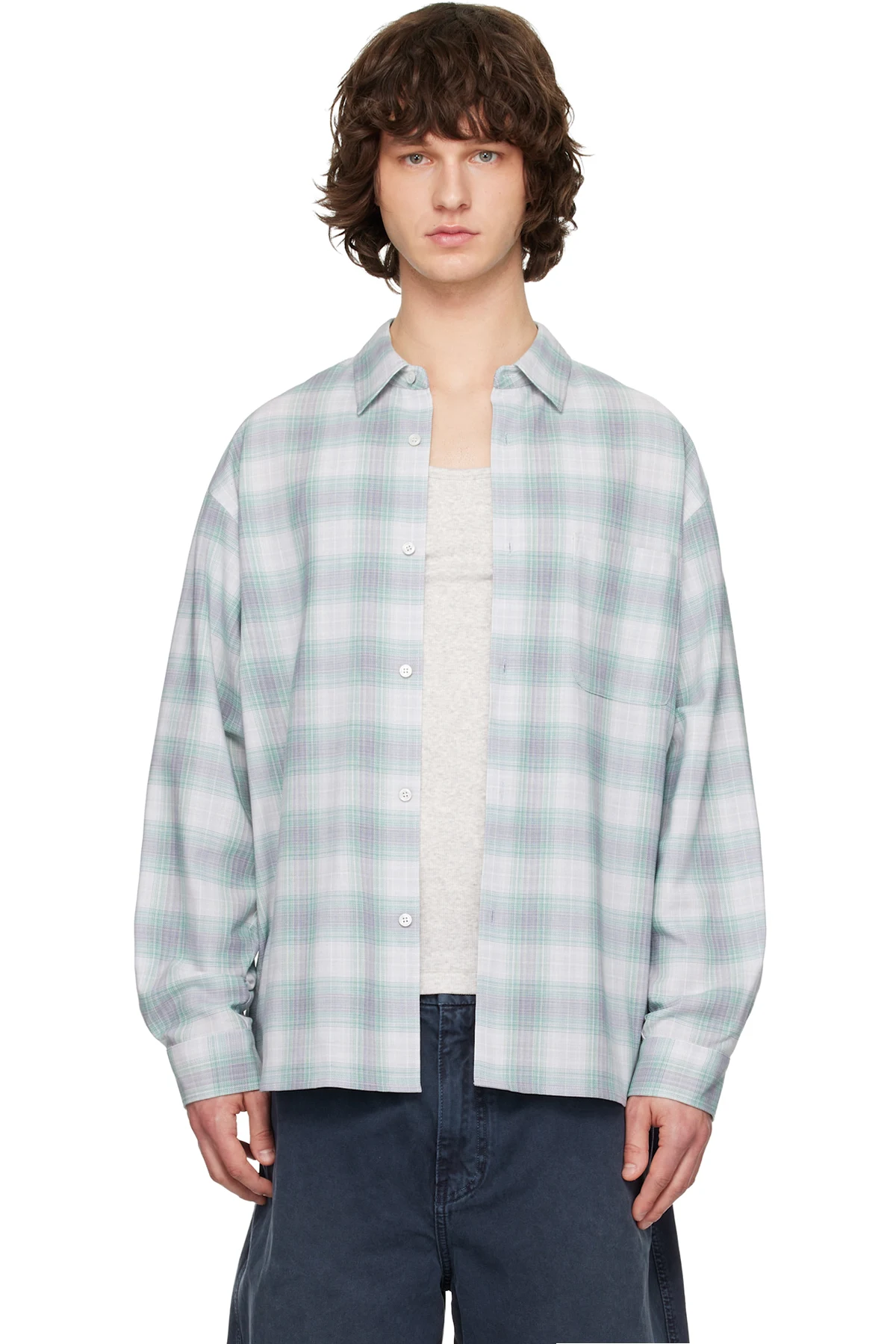 Green & Gray Wool Cotton Check Shirt