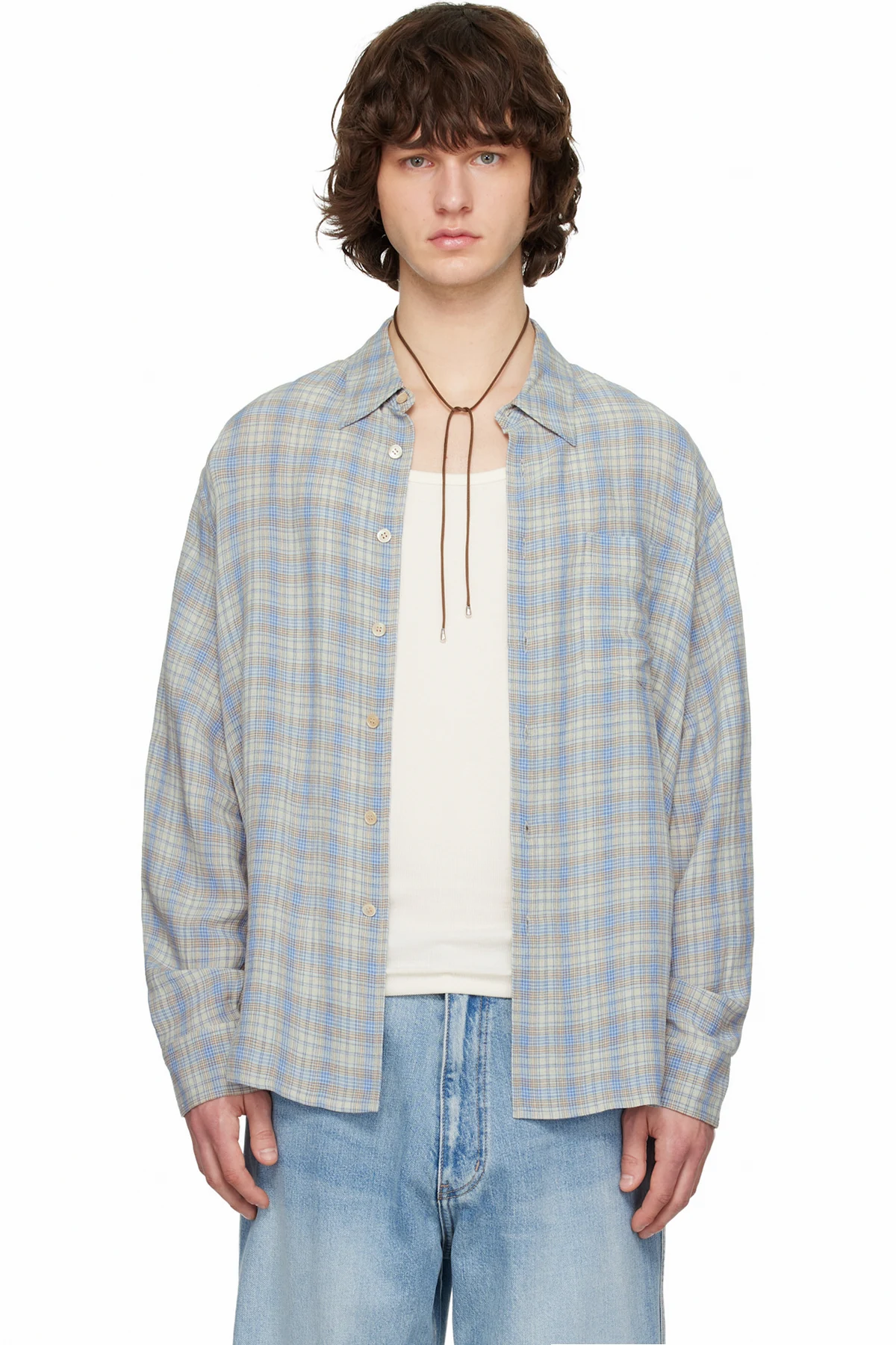 Blue Viscose Linen Check Shirt