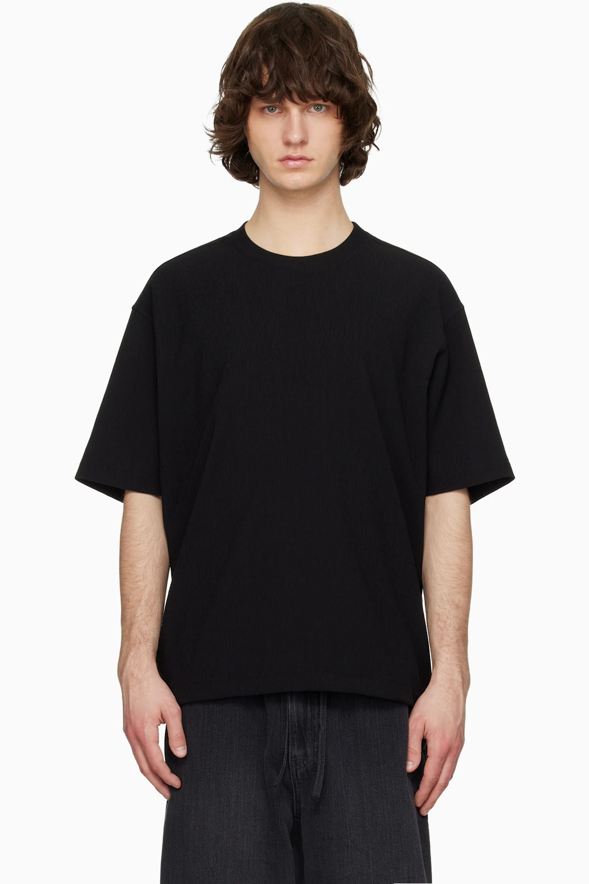 Black Crinkle Round Neck Short Sleeve T-shirt