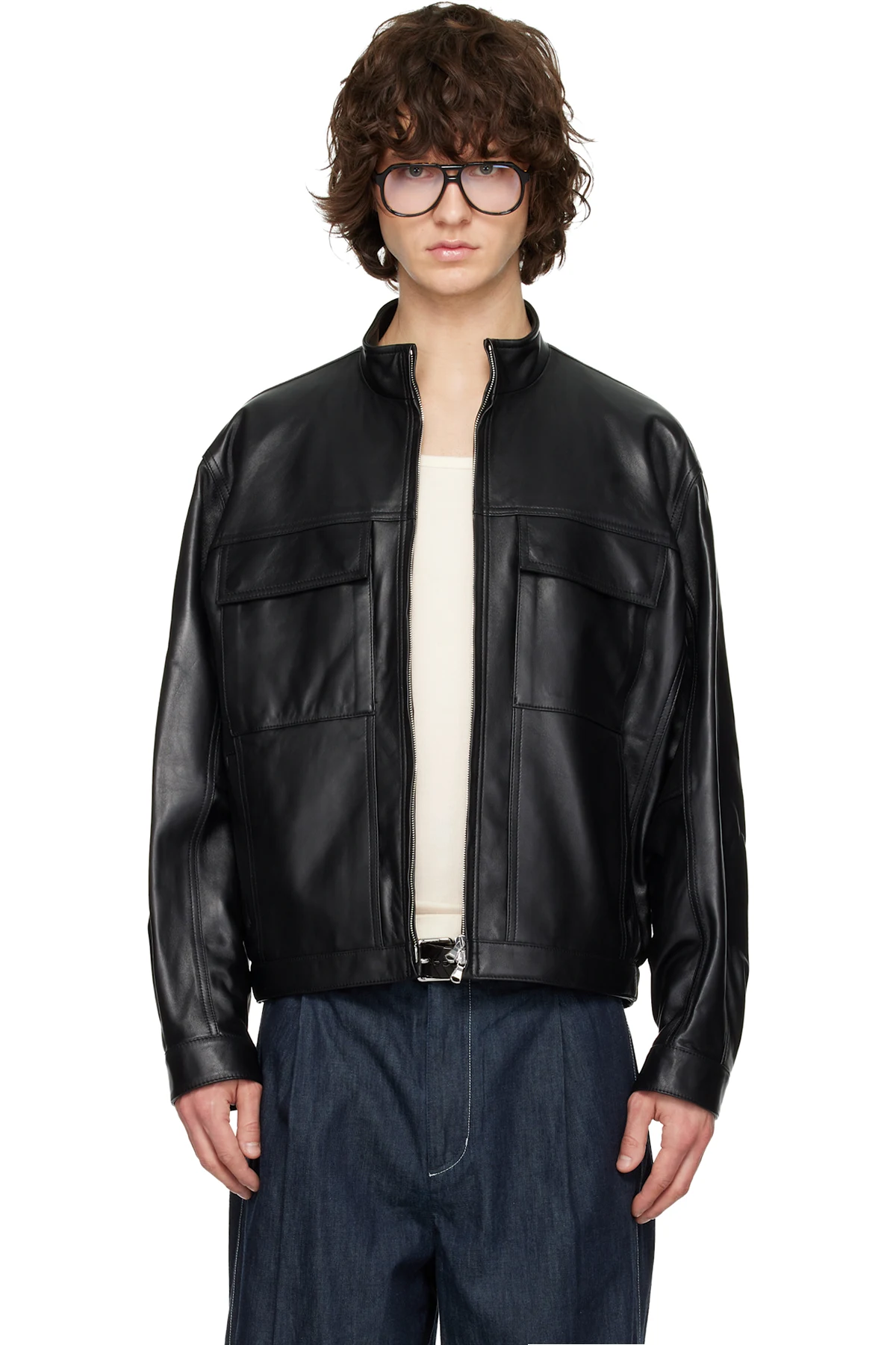 Black High-Neck Two-Pocket Leather Jacket