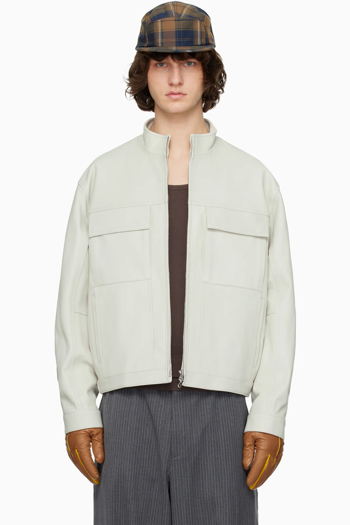 Off-White High-Neck Two-Pocket Leather Jacket