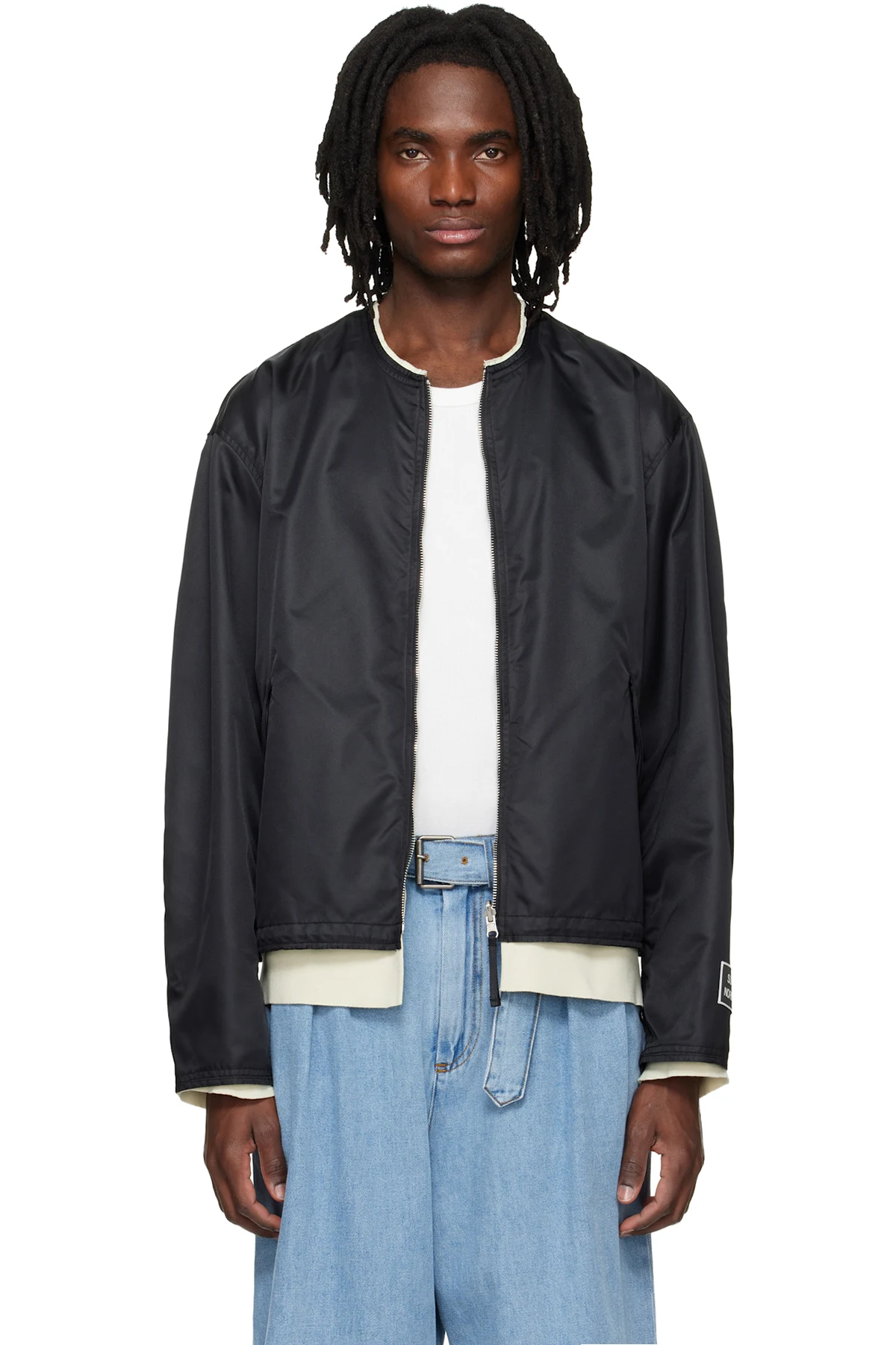 Black Layered Collarless Reversible Bomber Jacket