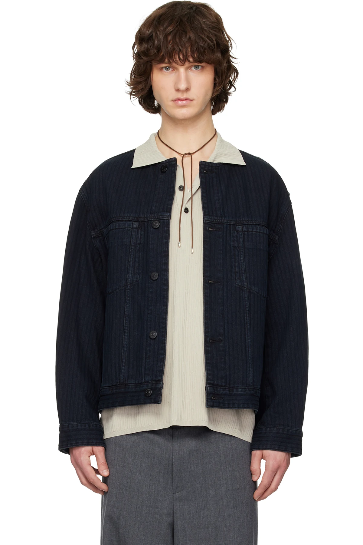 Black Collarless Denim Trucker Jacket