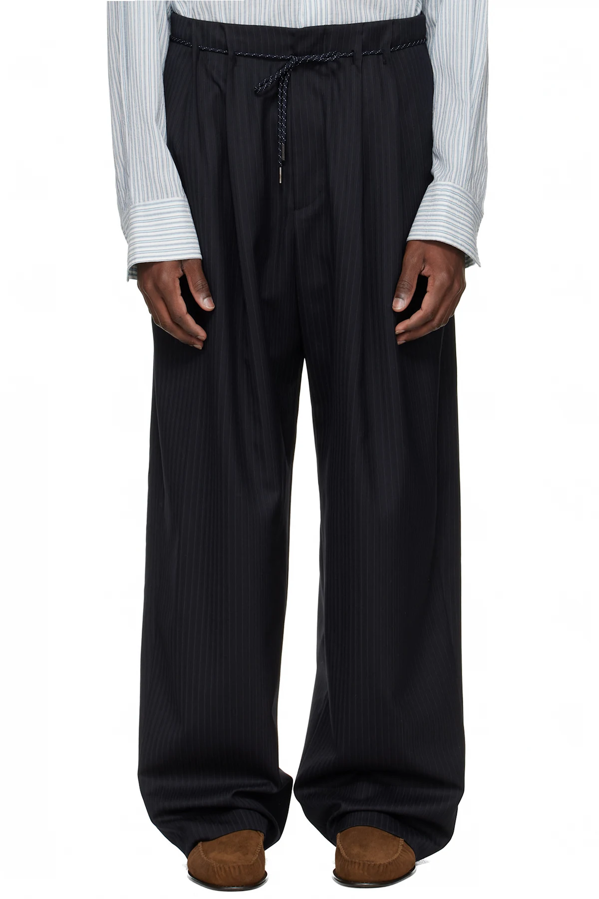 Navy Wool Stripe Wide Trousers