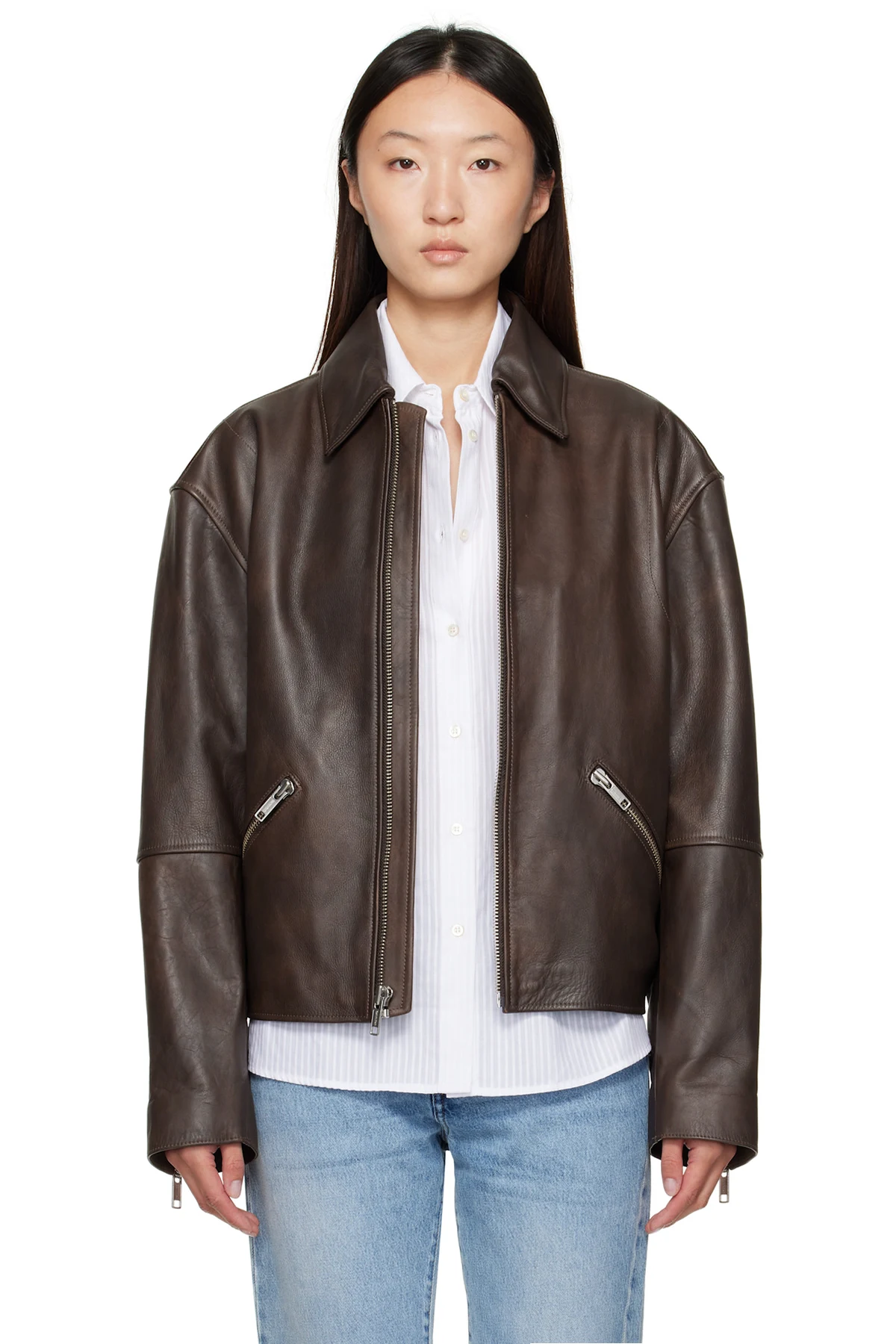 Brown Biker Distressed Leather Jacket