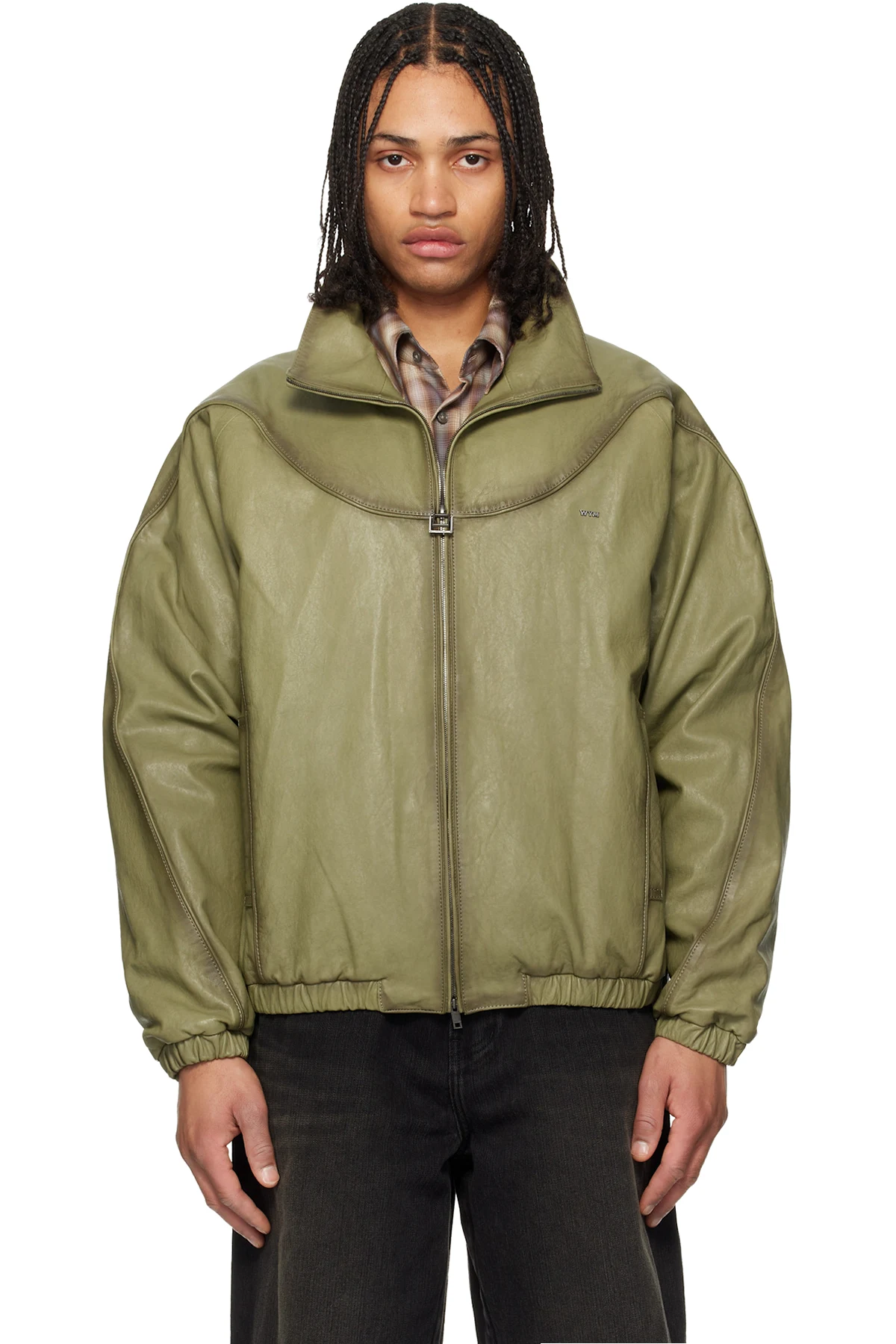Khaki High Neck Leather Jacket