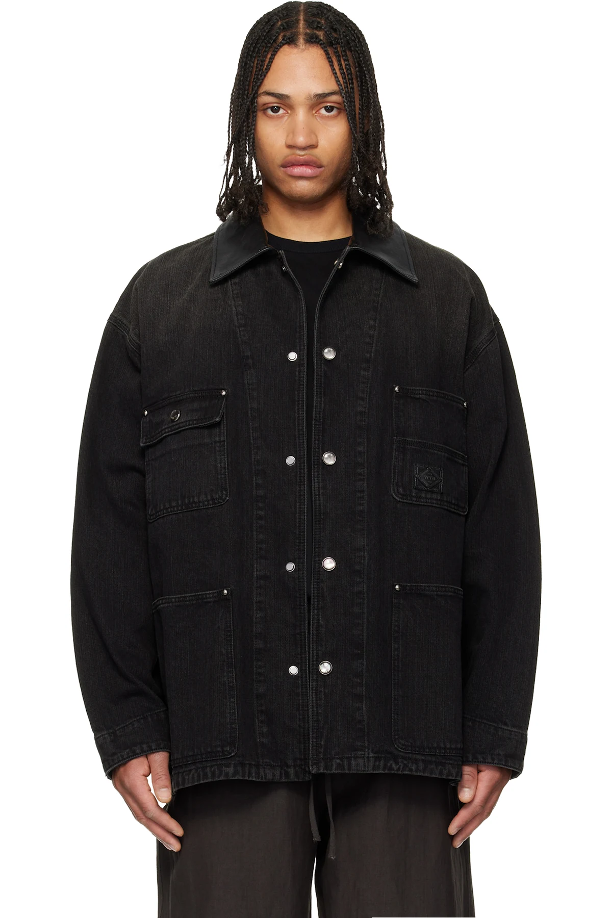 Black Leather Collar Tin-washed Denim Coat