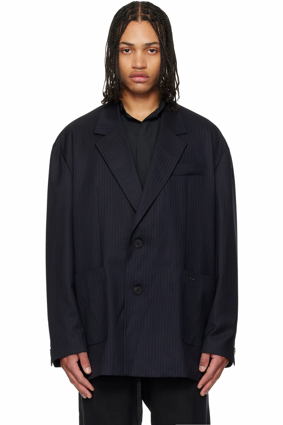 Navy Wool Stripe Wide Blazer