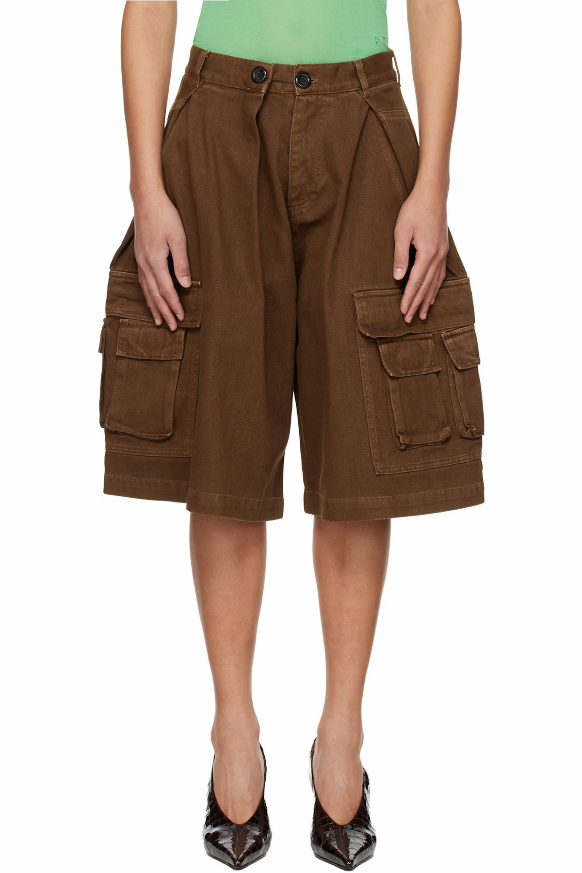 Brown Pleated Cargo Shorts