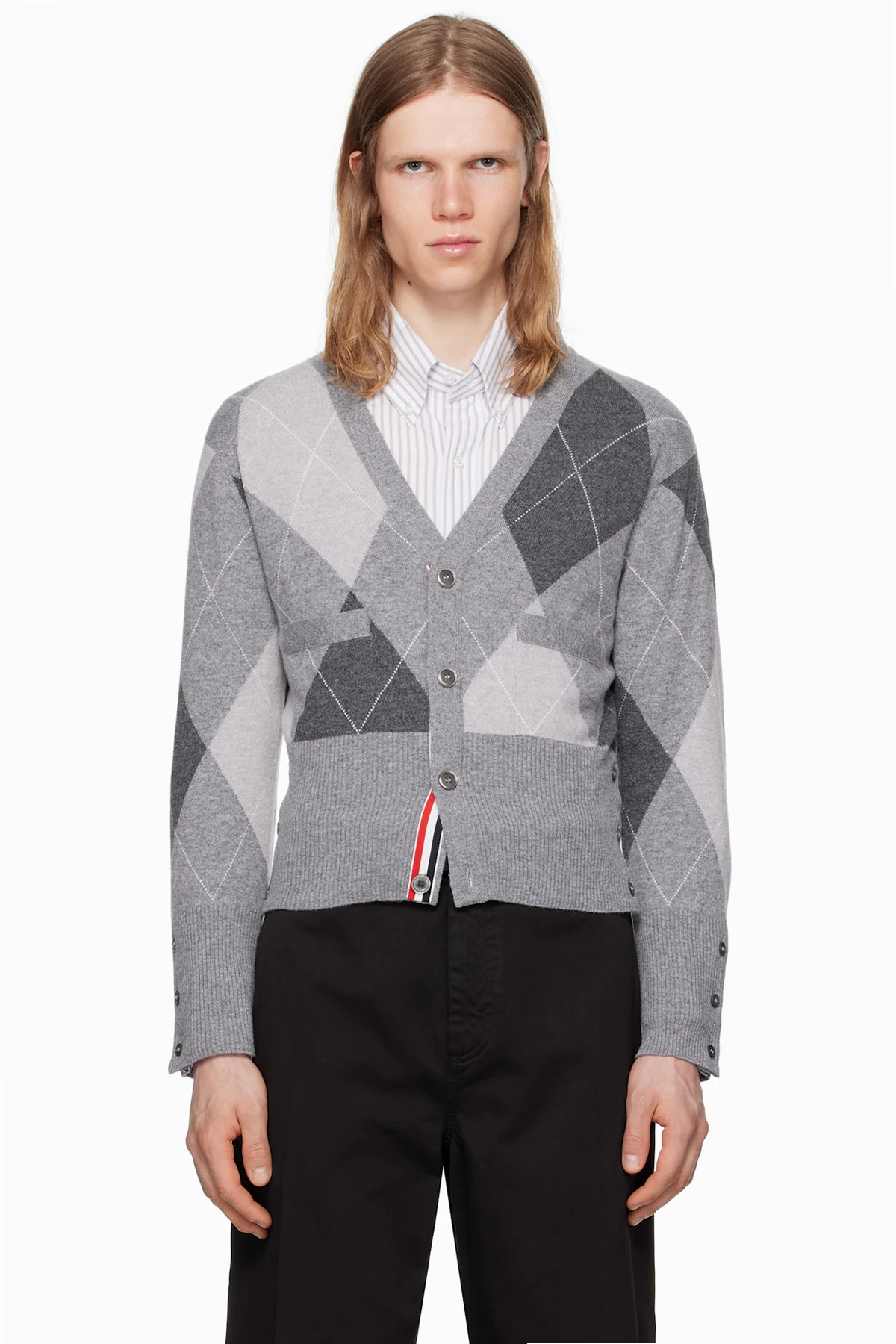 Gray Argyle Intarsia Cashmere V Neck Cardigan