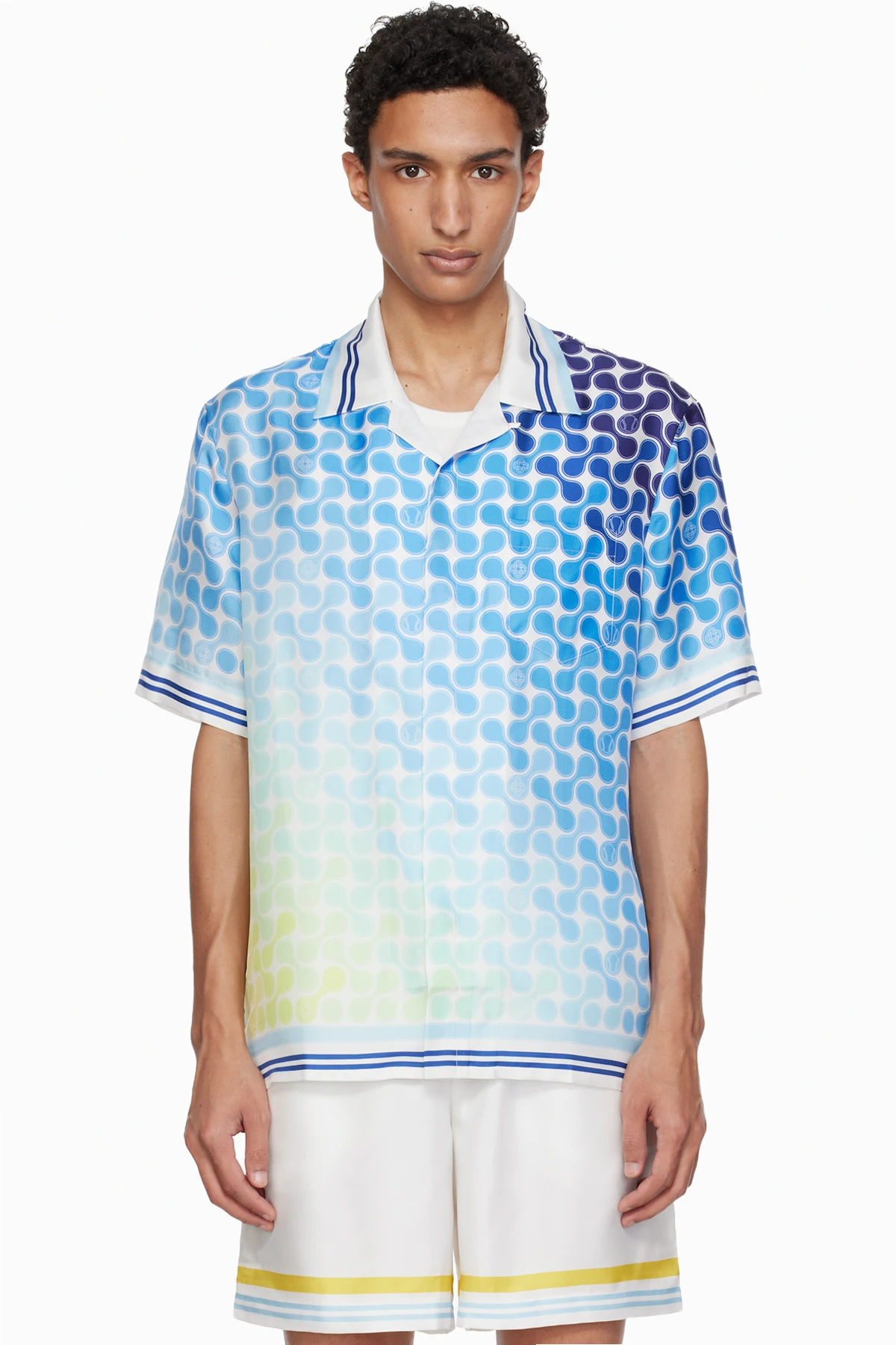 Blue Gradient Tennis Tile Short Sleeve Silk Shirt