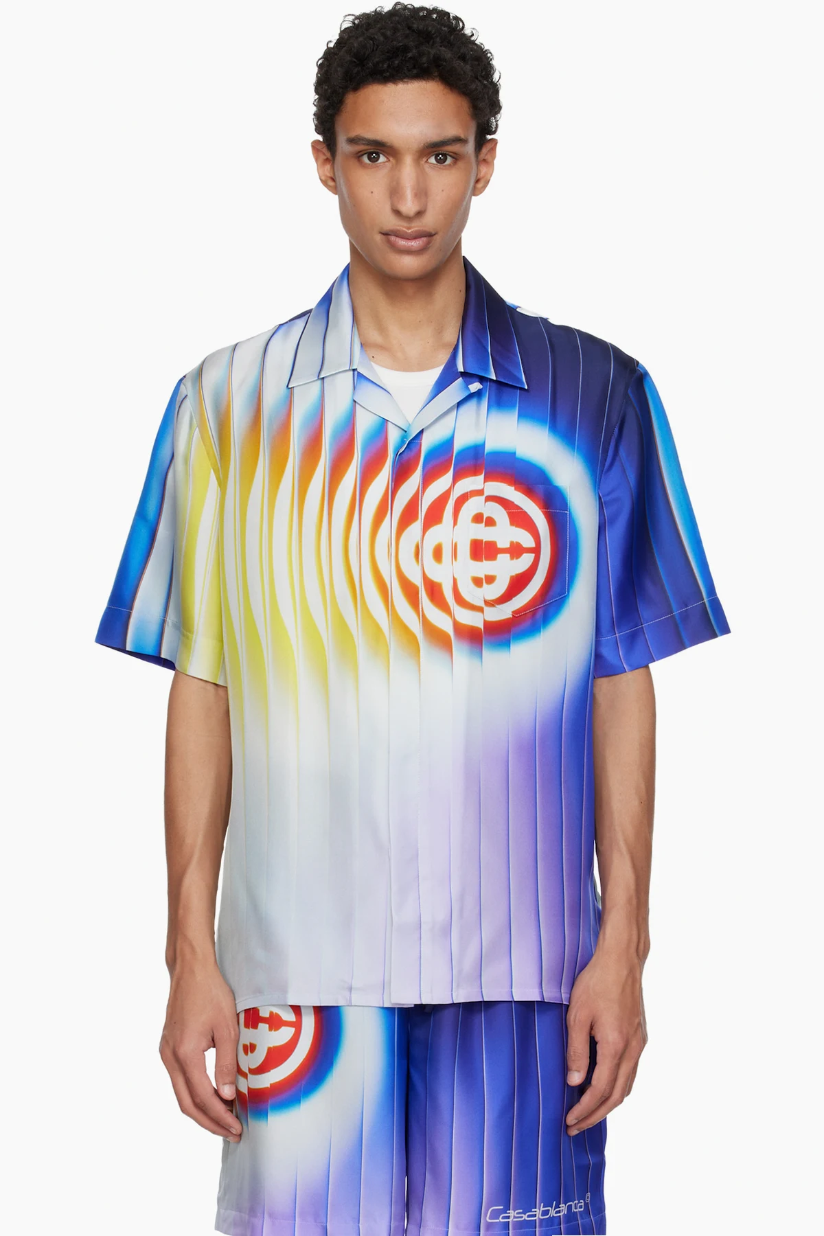 White & Blue Shockwave Short Sleeve Silk Shirt