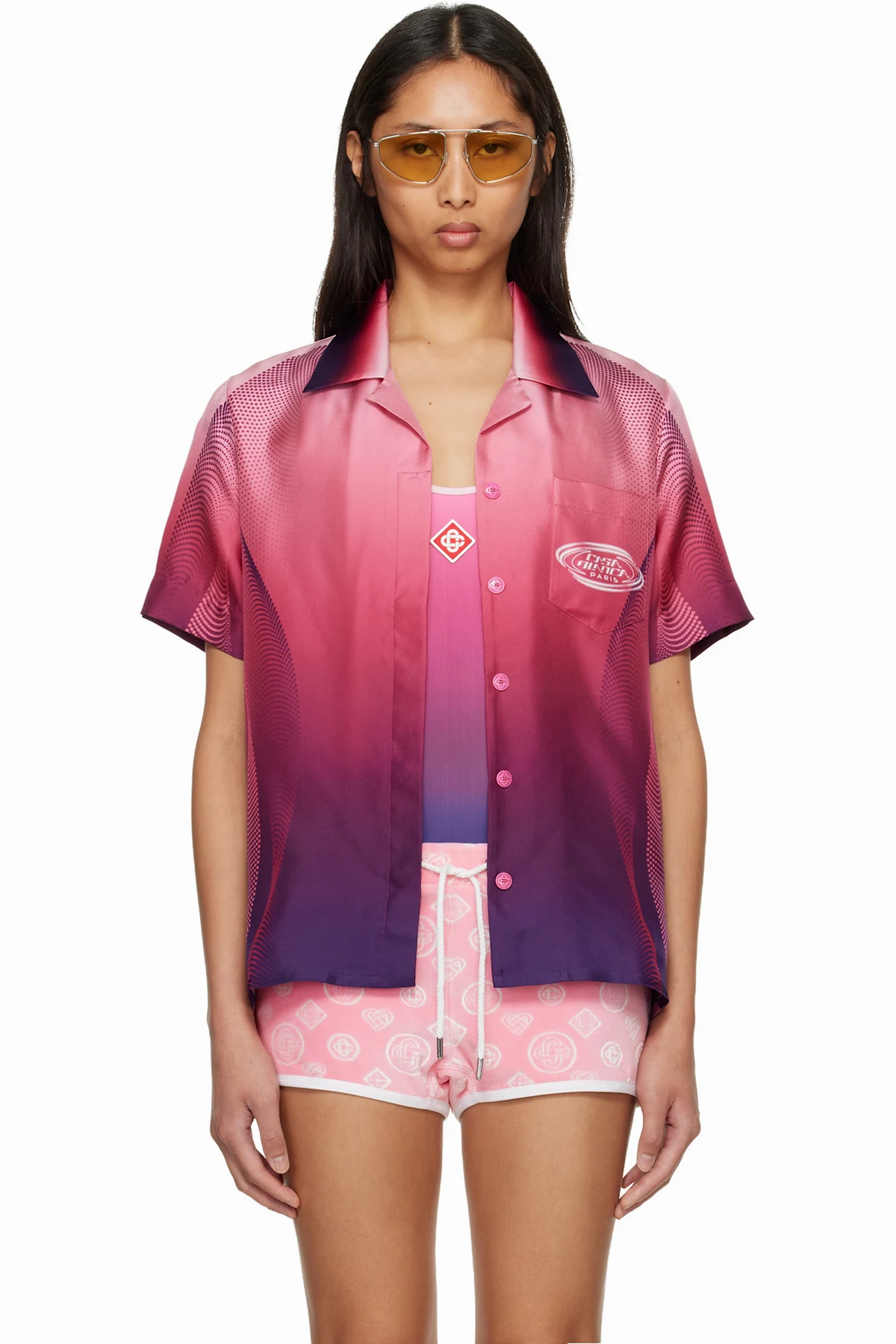 Pink Gradient Short Sleeve Silk Shirt