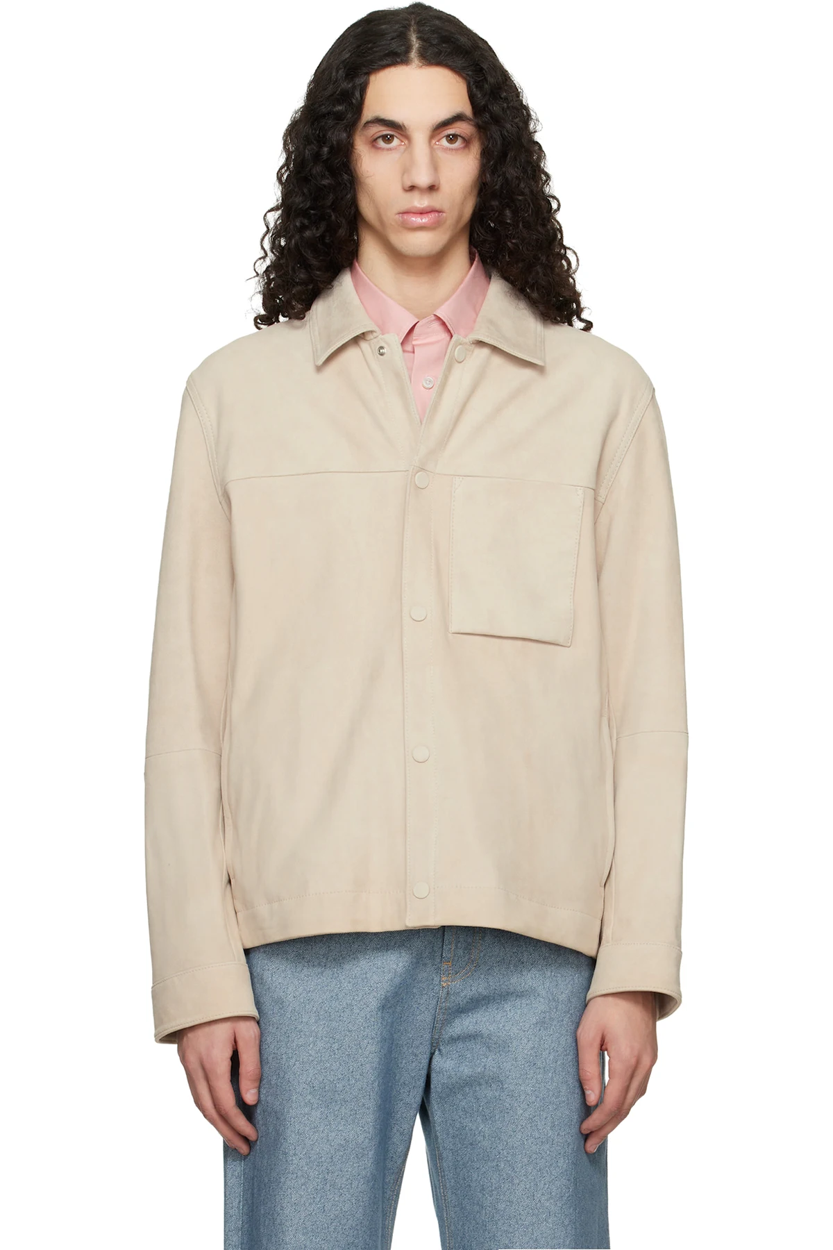 Beige Snap Closure Suede Jacket