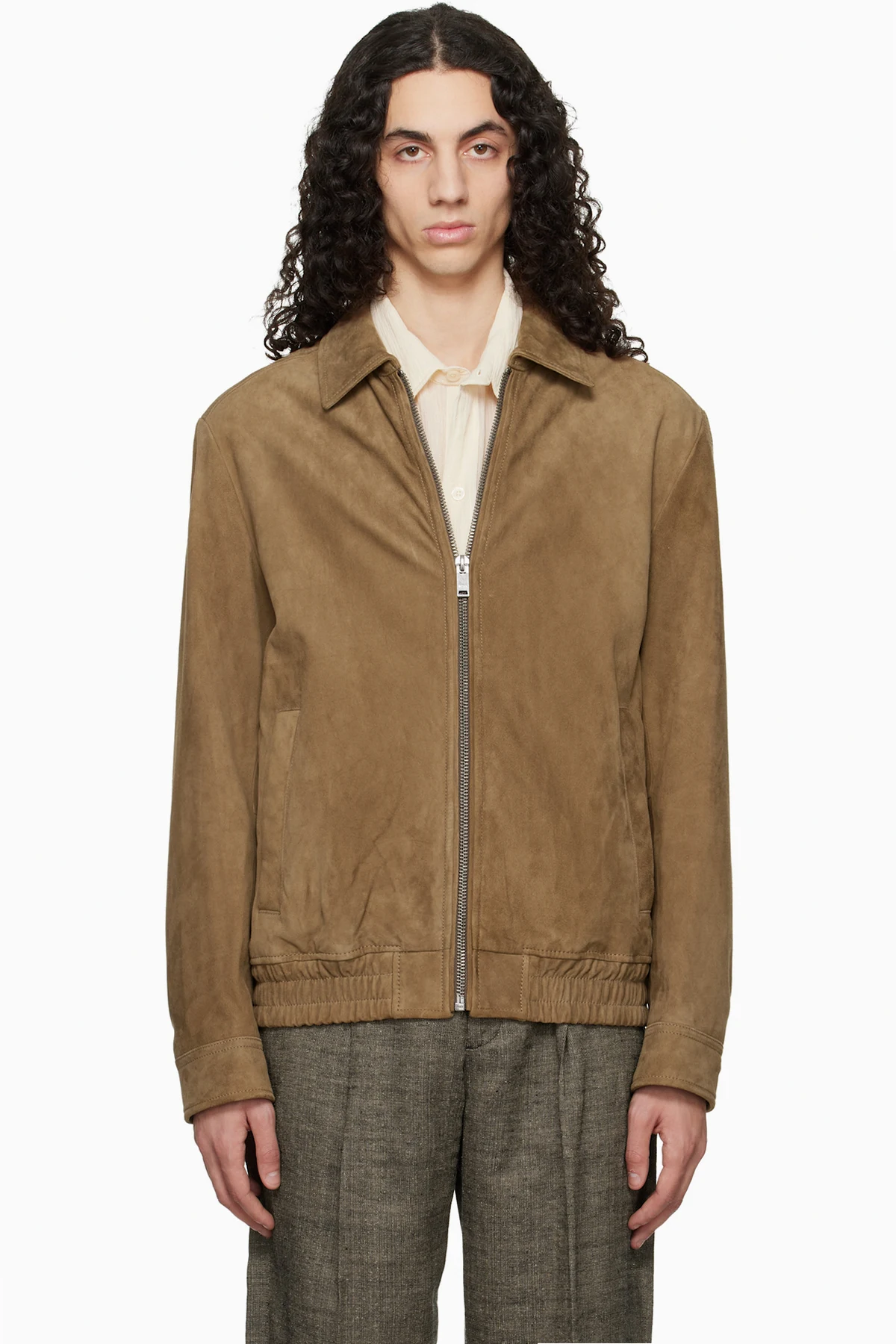 Tan Soft Suede Bomber Jacket