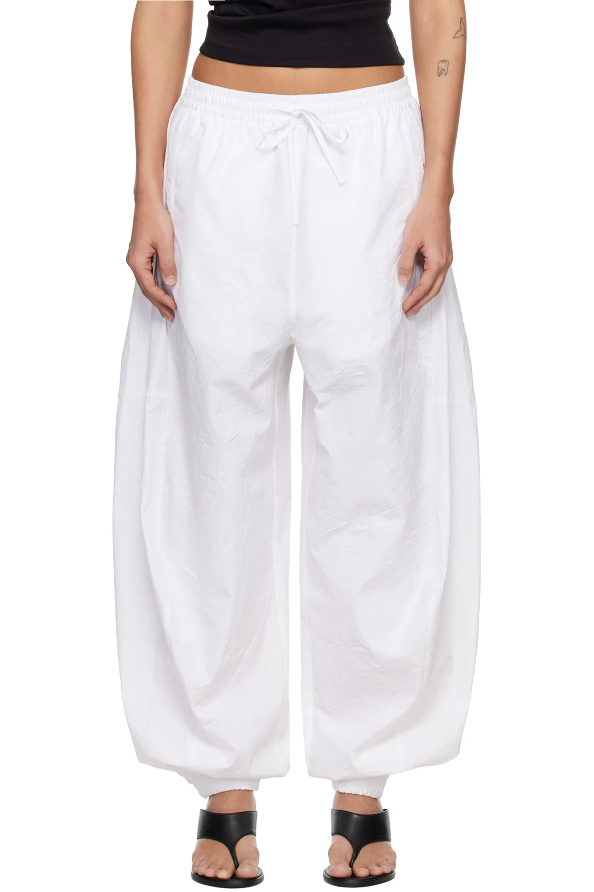 White Volume Crushed Cotton Trousers