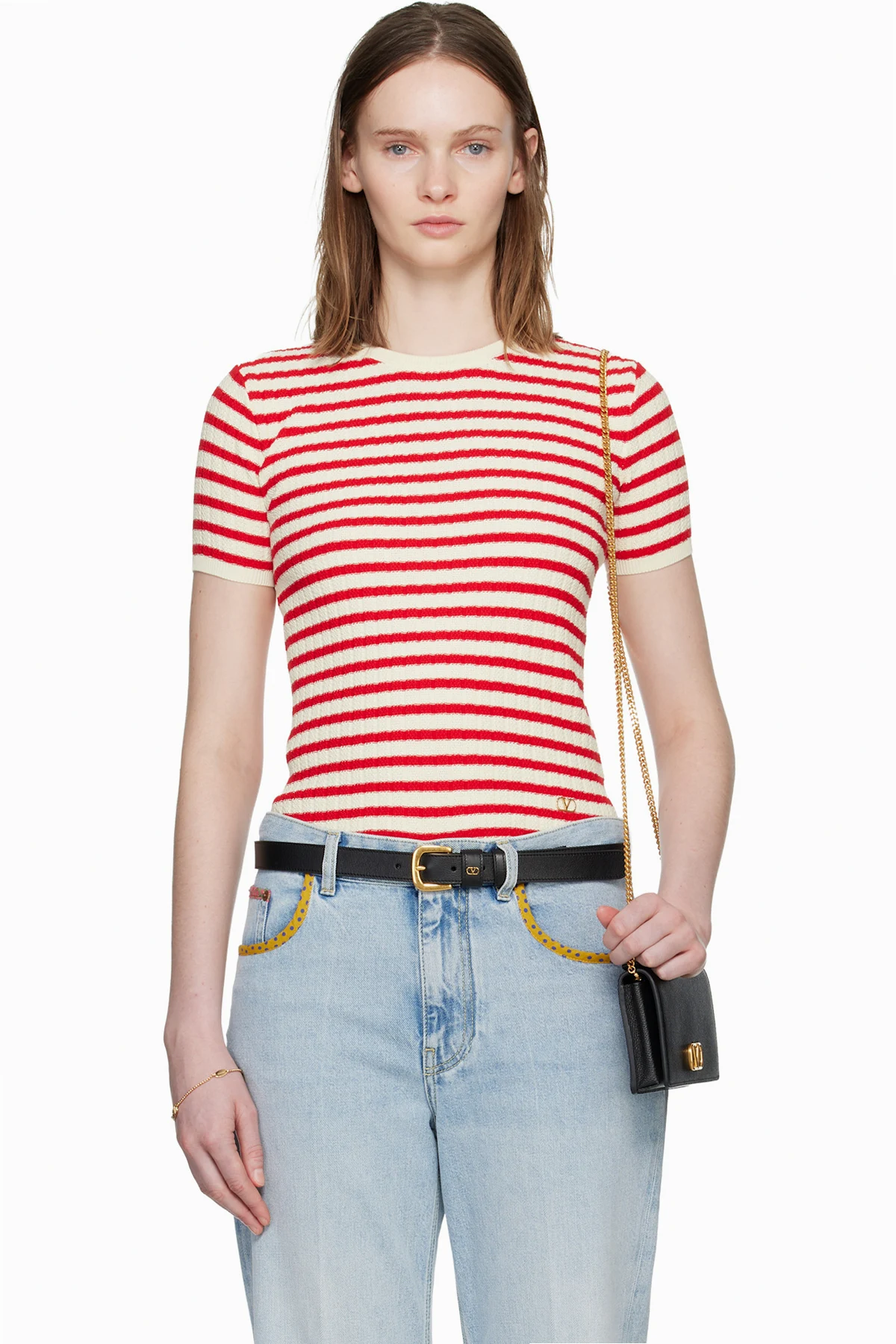 Red & White Knit Stripe Short Sleeve Sweater