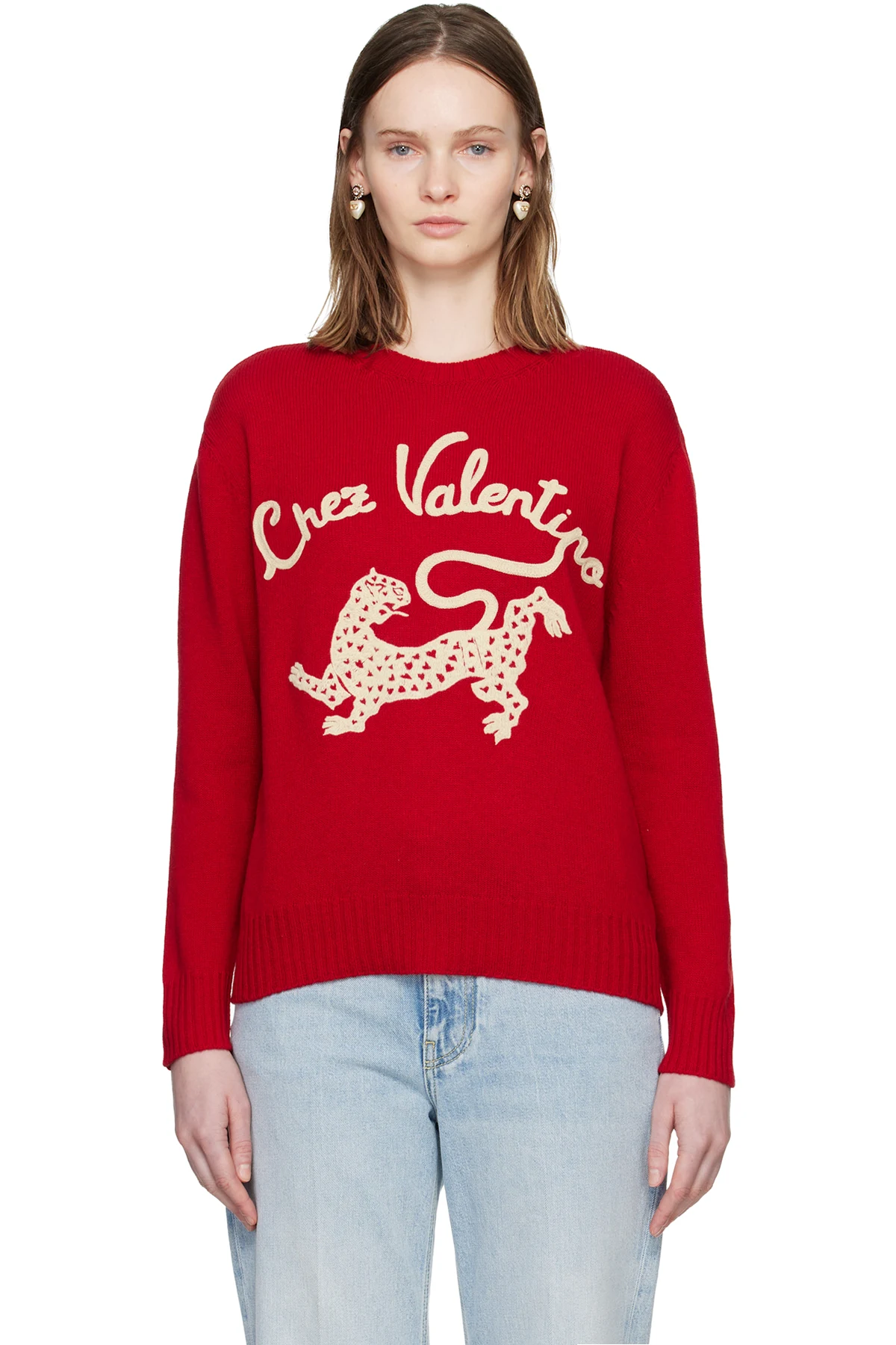Red Wool 'Chez Valentino' & Panther Embroidery Sweater