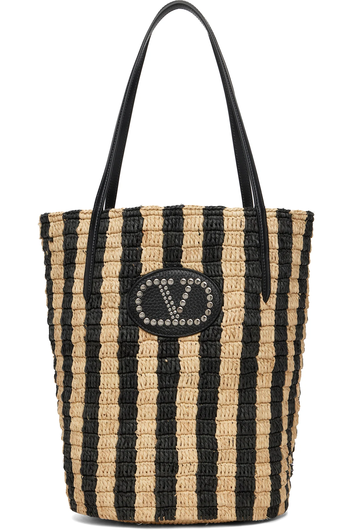 Beige & Black Striped Raffia Shopping Tote
