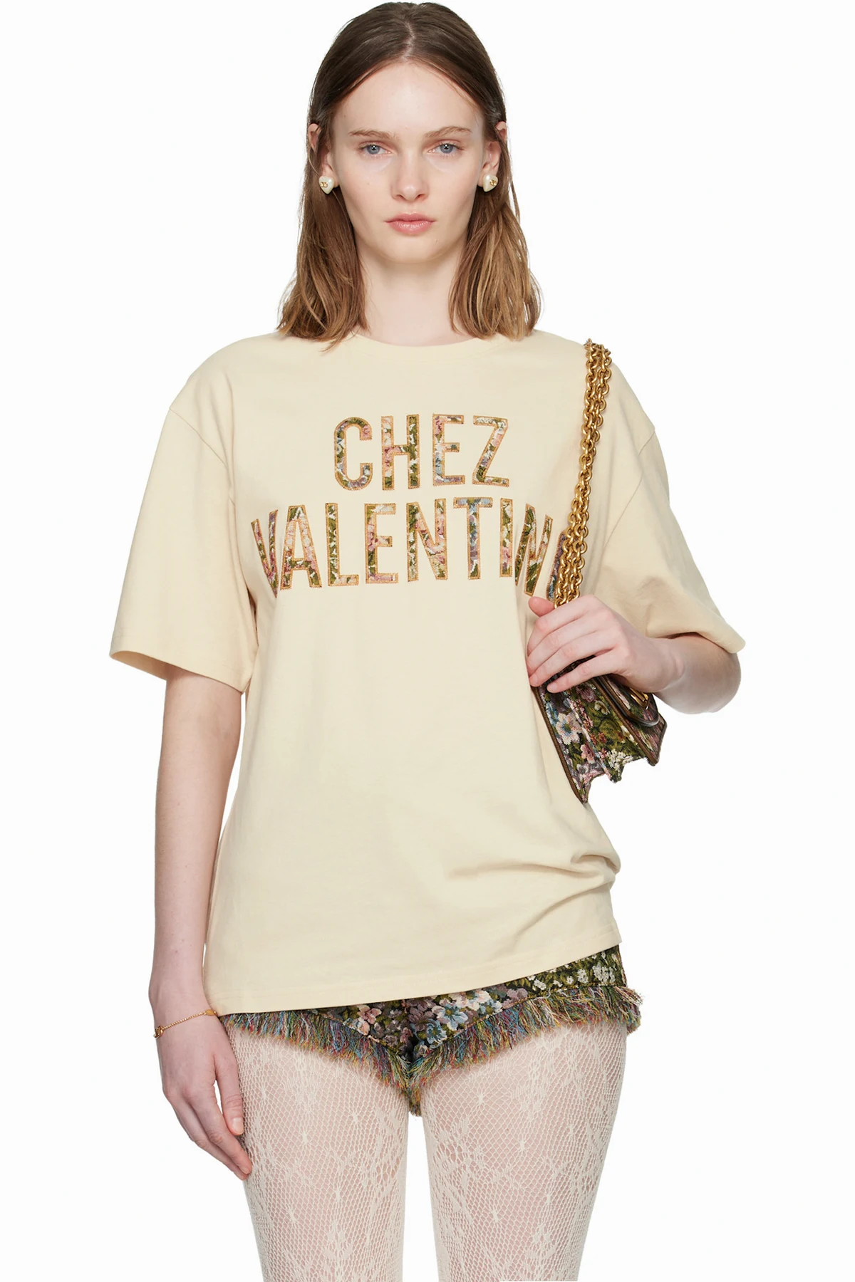 Beige Embroidered Cotton T-shirt