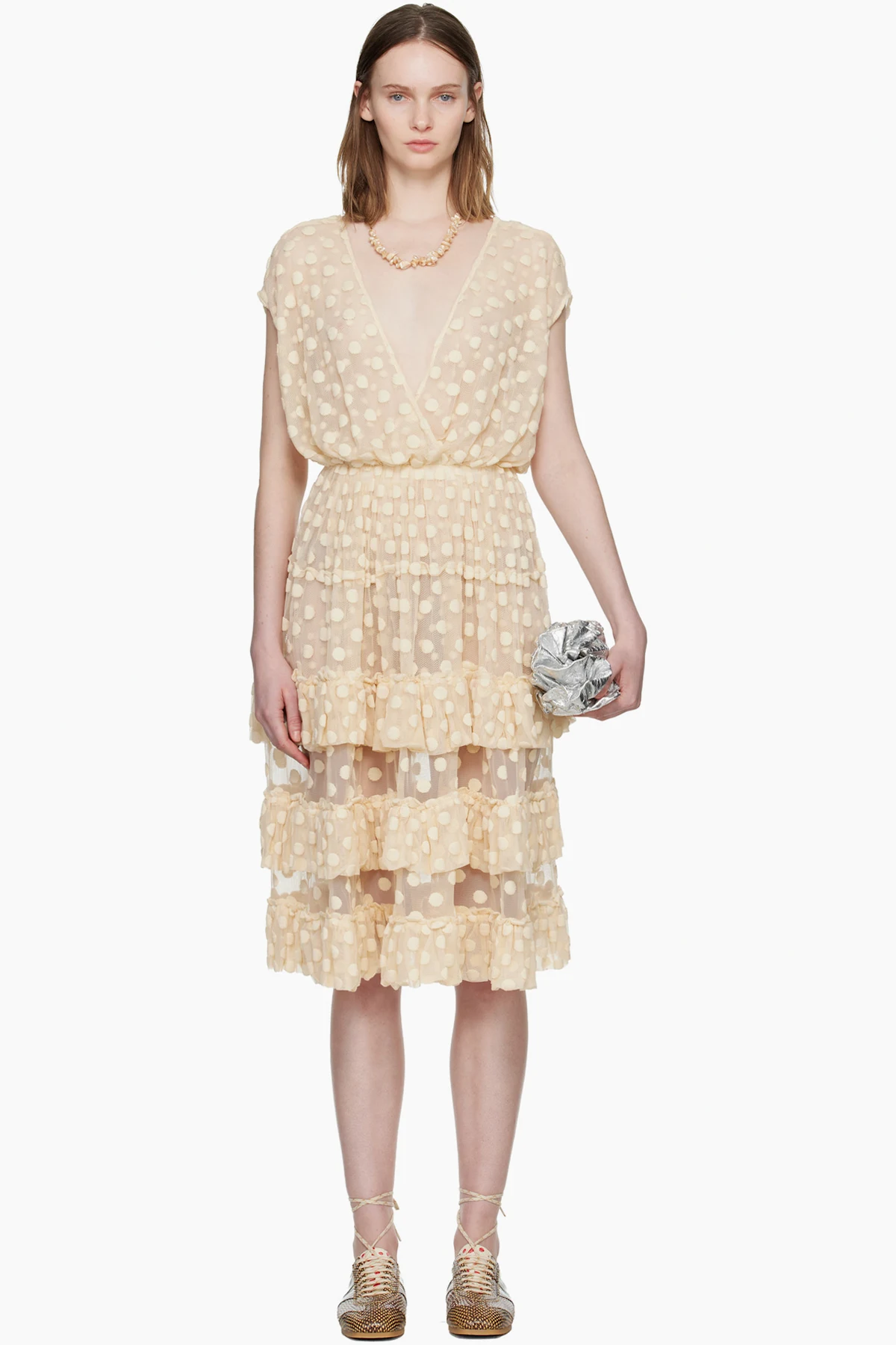 Off-White Ruffled Mesh Midi Dress