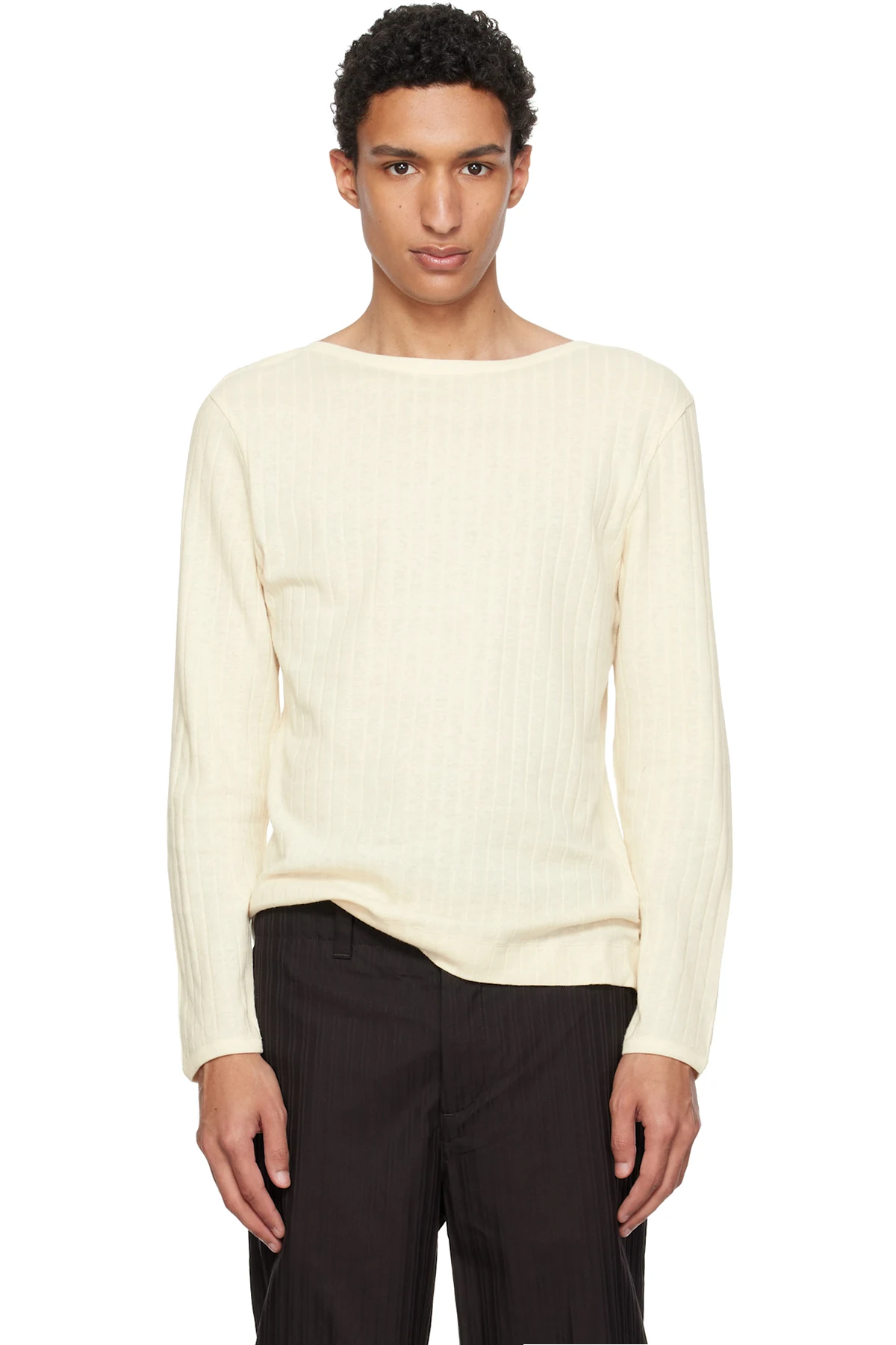 Beige Cotton-Linen Boat Neck Long-Sleeve T-shirt