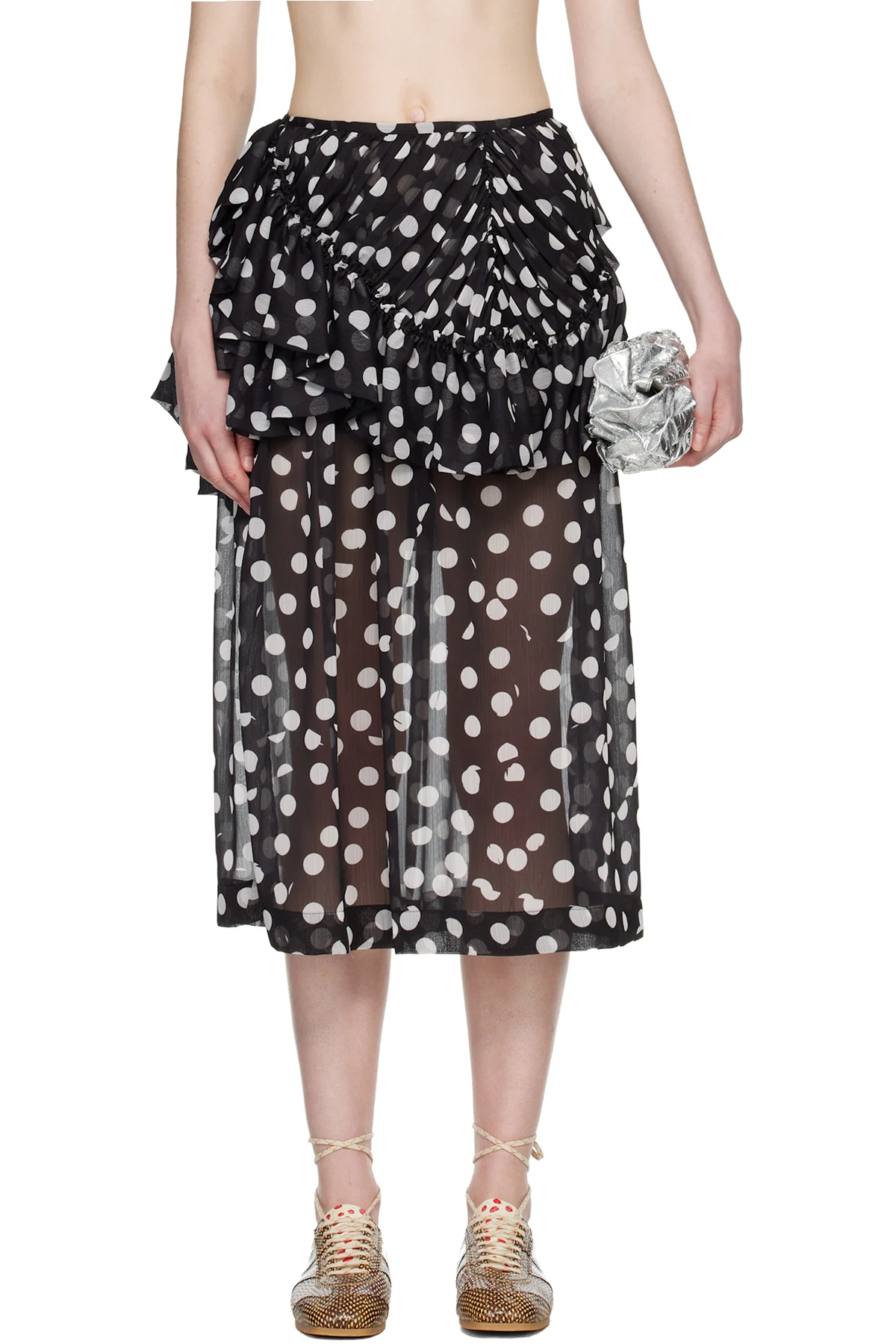Black Layered Polka Dot Midi Skirt