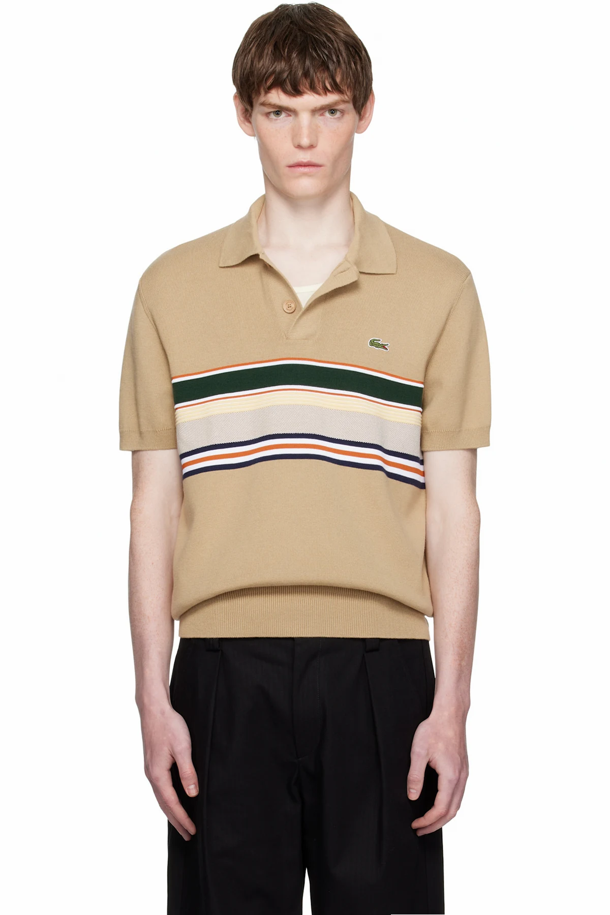 Beige Made In France Striped Collar Polo