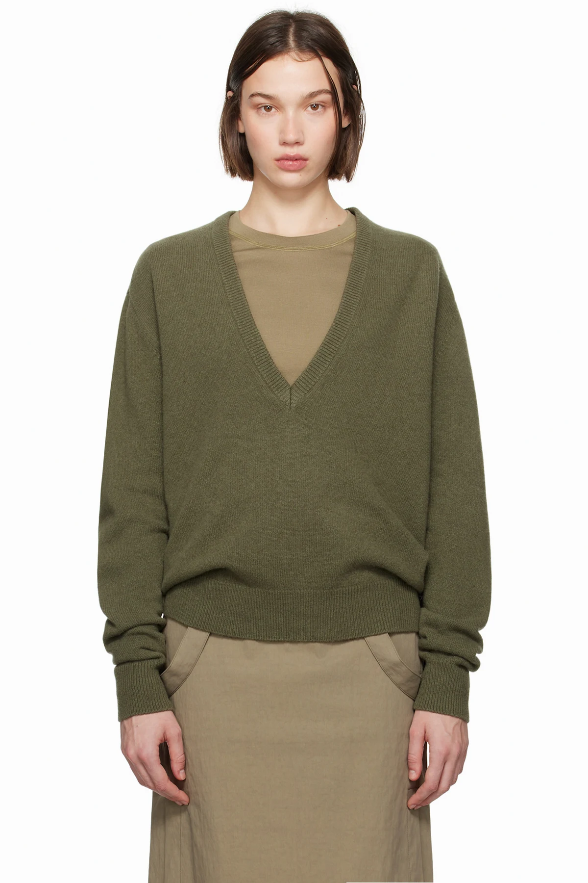 Green Deep V-Neck Sweater